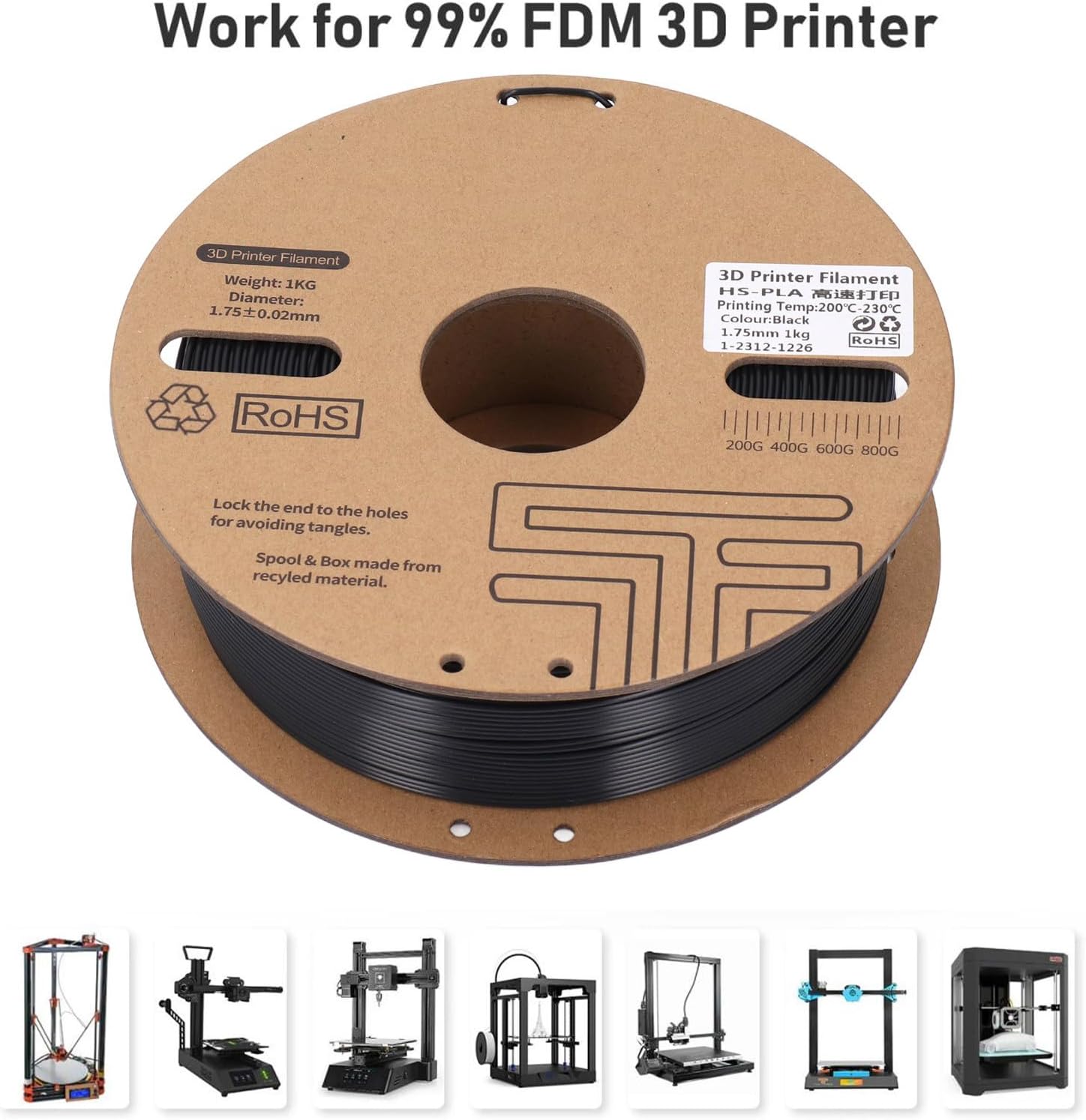 PLA Filament 1.75mm PLA 3D Printer Filament 1KG Cardboard Spool 2.2lbs 3D Printer Filament 30‑600mm s High Speed Printing Consumable Dimensional Accuracy + - 0.03 mm for Ender 3