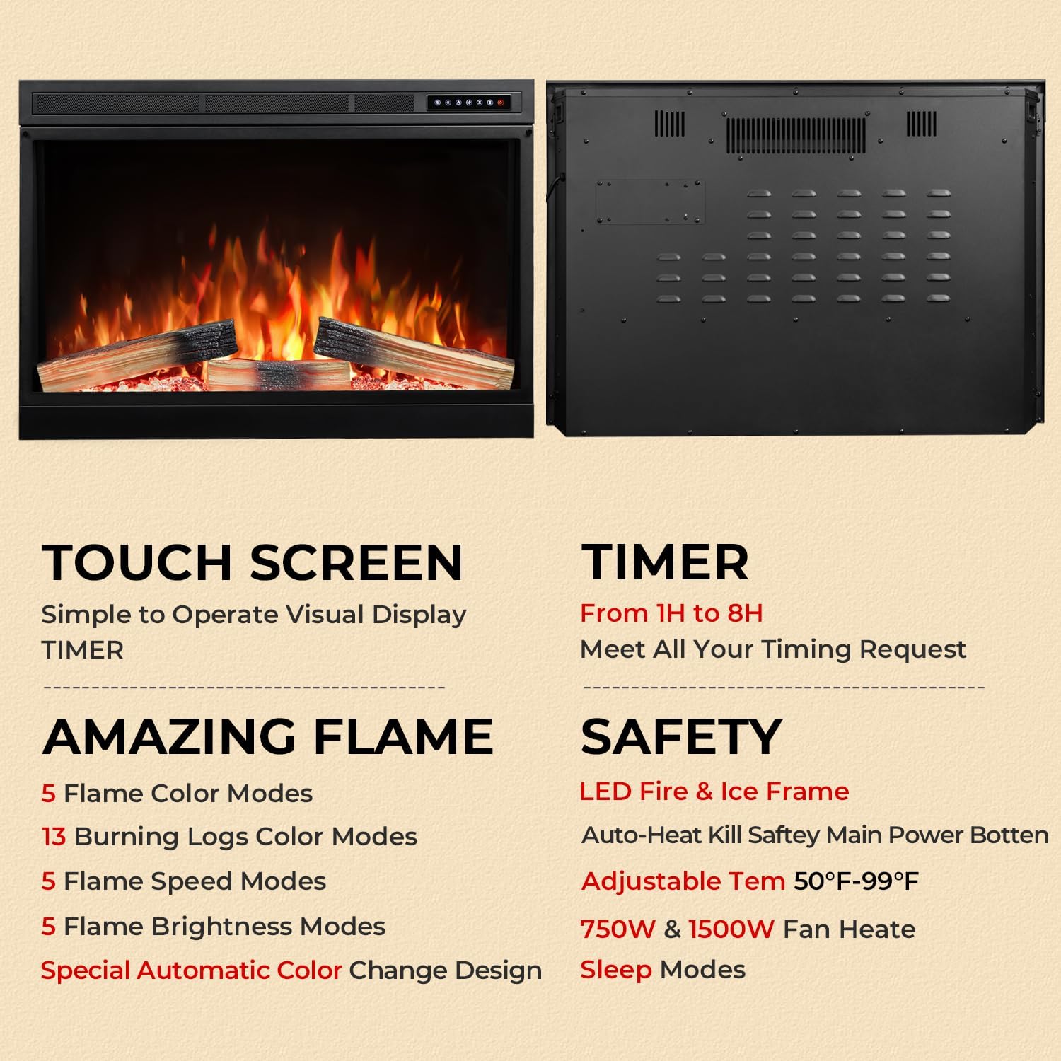 Ön view of the Electactic 39-inch Electric Fireplace Insert, showing the glass panel and log set.