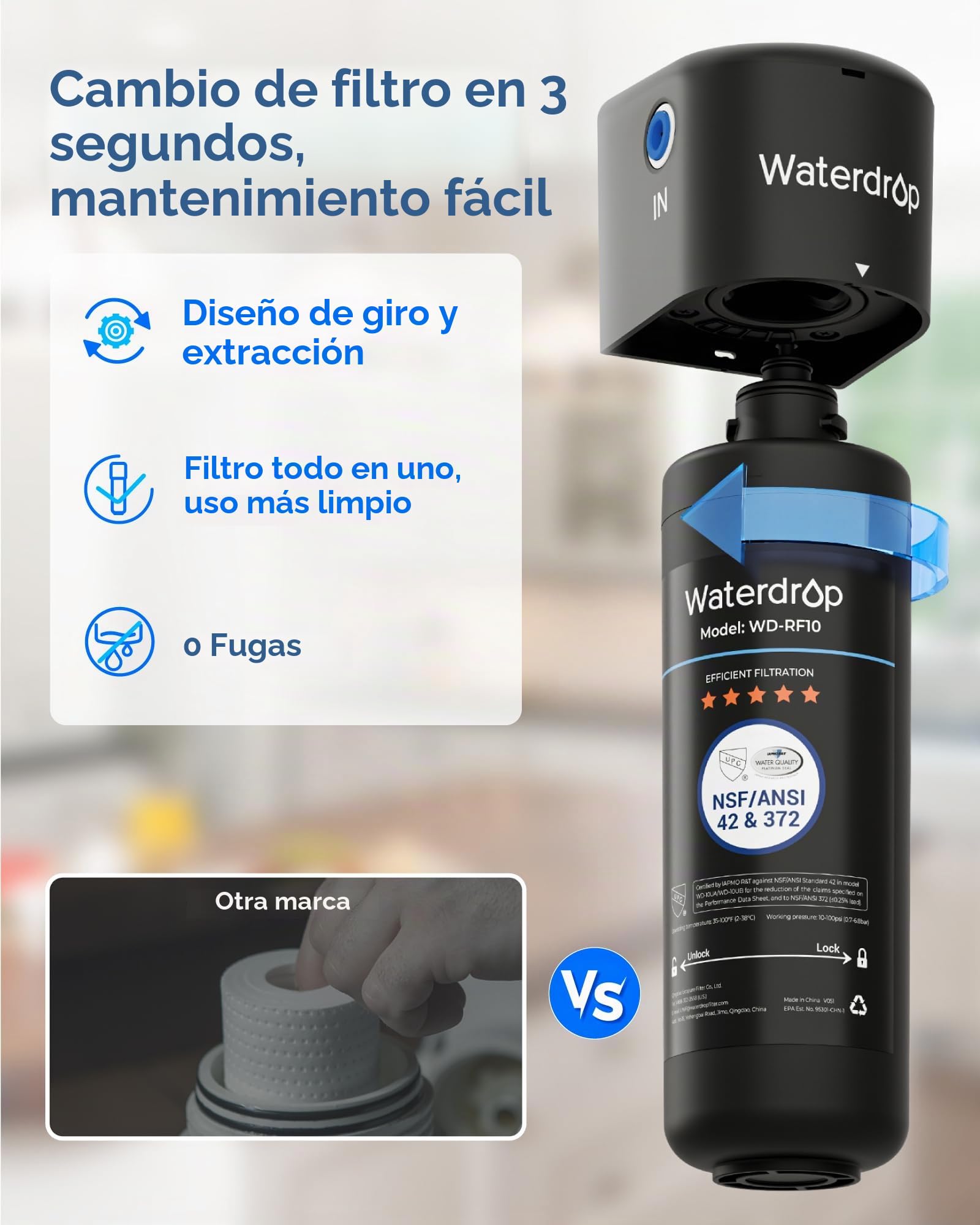 Waterdrop 10UB-B Filtro de Agua Bajo Fregadero con Grifo Negro Mate, Certificado NSF/ANSI 42, 11000 Galones Sistema de Filtrado de Agua, Reduce 99,99% el Plomo, el Cloro, el Mal Sabor