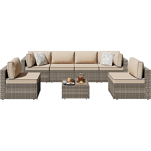 Shintenchi 7 Pieces Outdoor Patio Sectional Sofa Couch, Black Wicker Furniture Conversation Sets with Washable Cushions & Glass Coffee Table for Garden, Poolside, Backyard (Khaki)