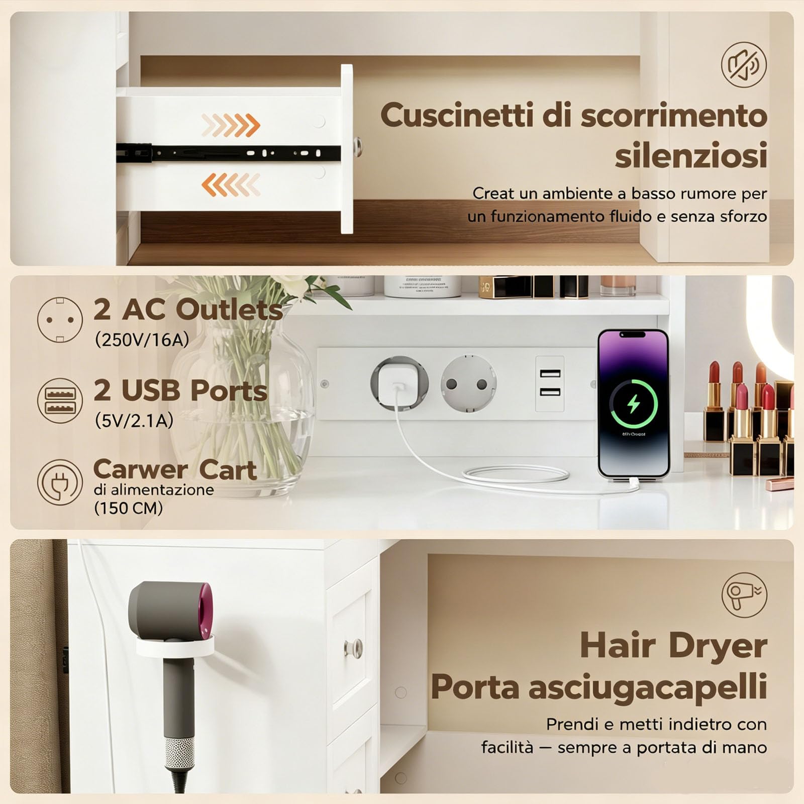 YOUDENOVA Toeletta Trucco con Luci e Prese a Led Regolabili, Toletta con Grande Specchio, Tavolo da Trucco con 3 Cassetti, 7 Ripiani per la Camera da Letto, Bianco