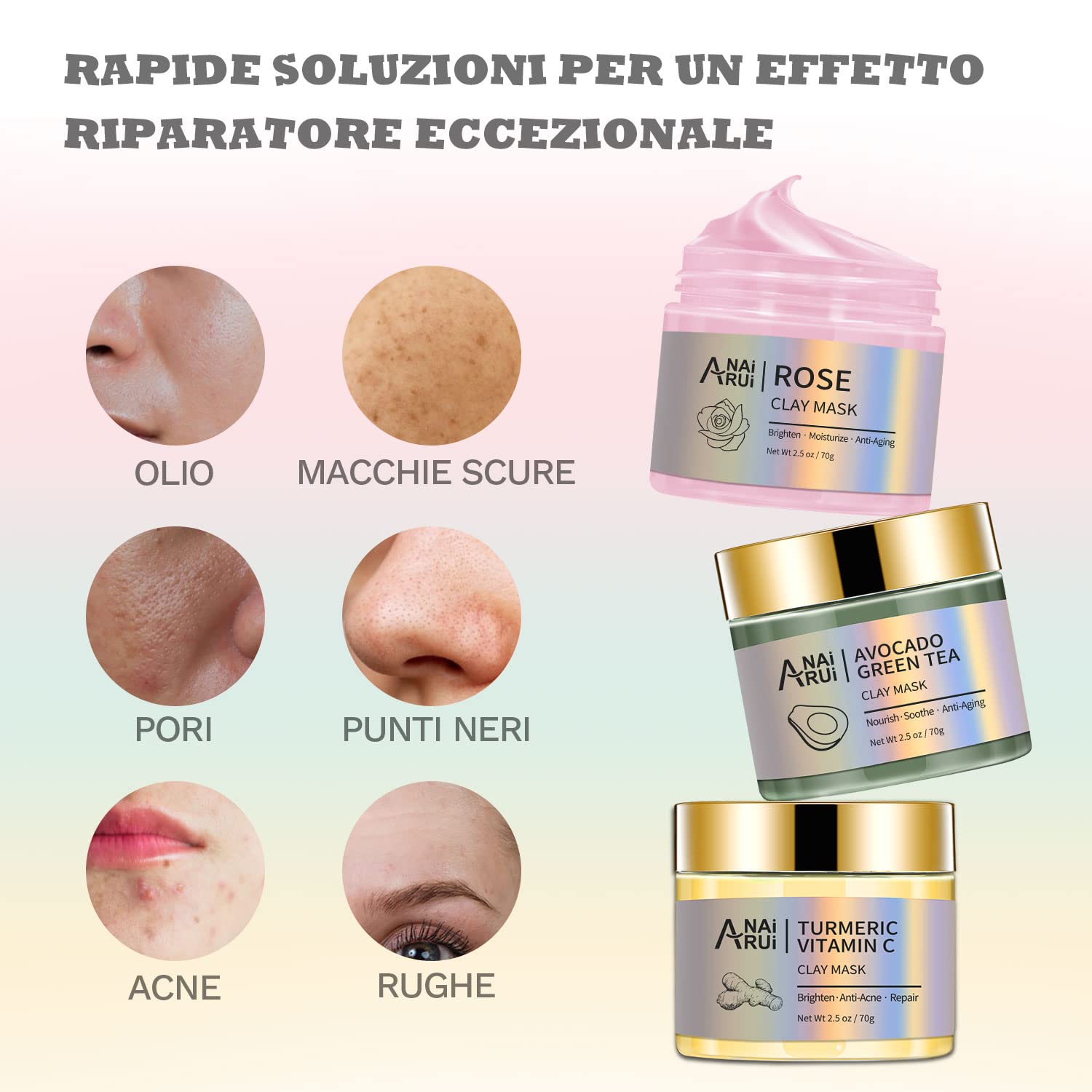 ANAiRUi Maschera Viso Curcuma Vitamina C - Maschera Argilla Viso Rosa - Maschera Fango e Tè Verde Avocado, Rimozione Punti Neri e Pori Dilatati, Pulizia Viso, Purificante e Idratante, 210g