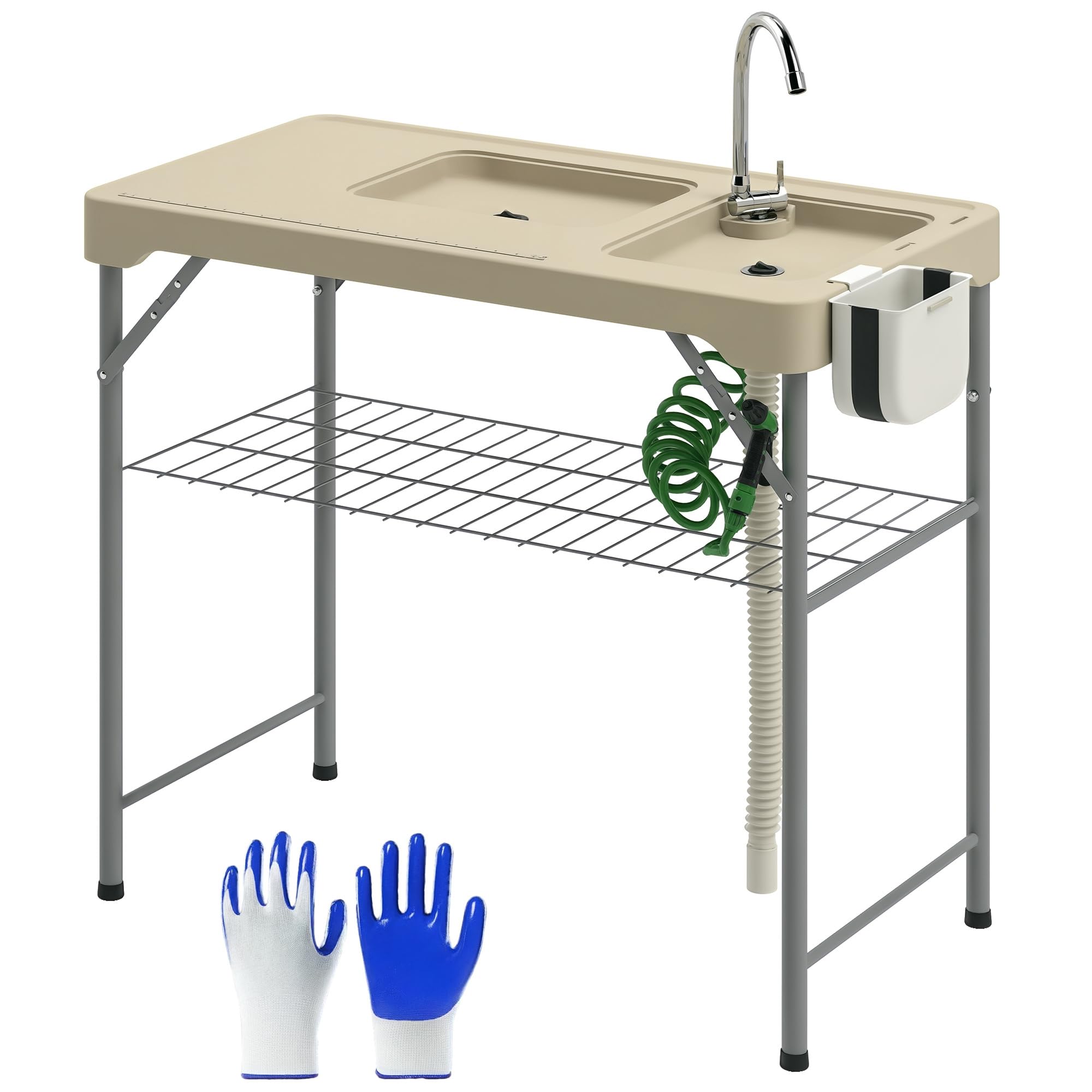 Outsunny Folding Fish Cleaning Table with Sinks, Portable Camping Sink Table with Faucet, Drainage Hose, Sprayer, Shelf, Drawer and Storage Basket,