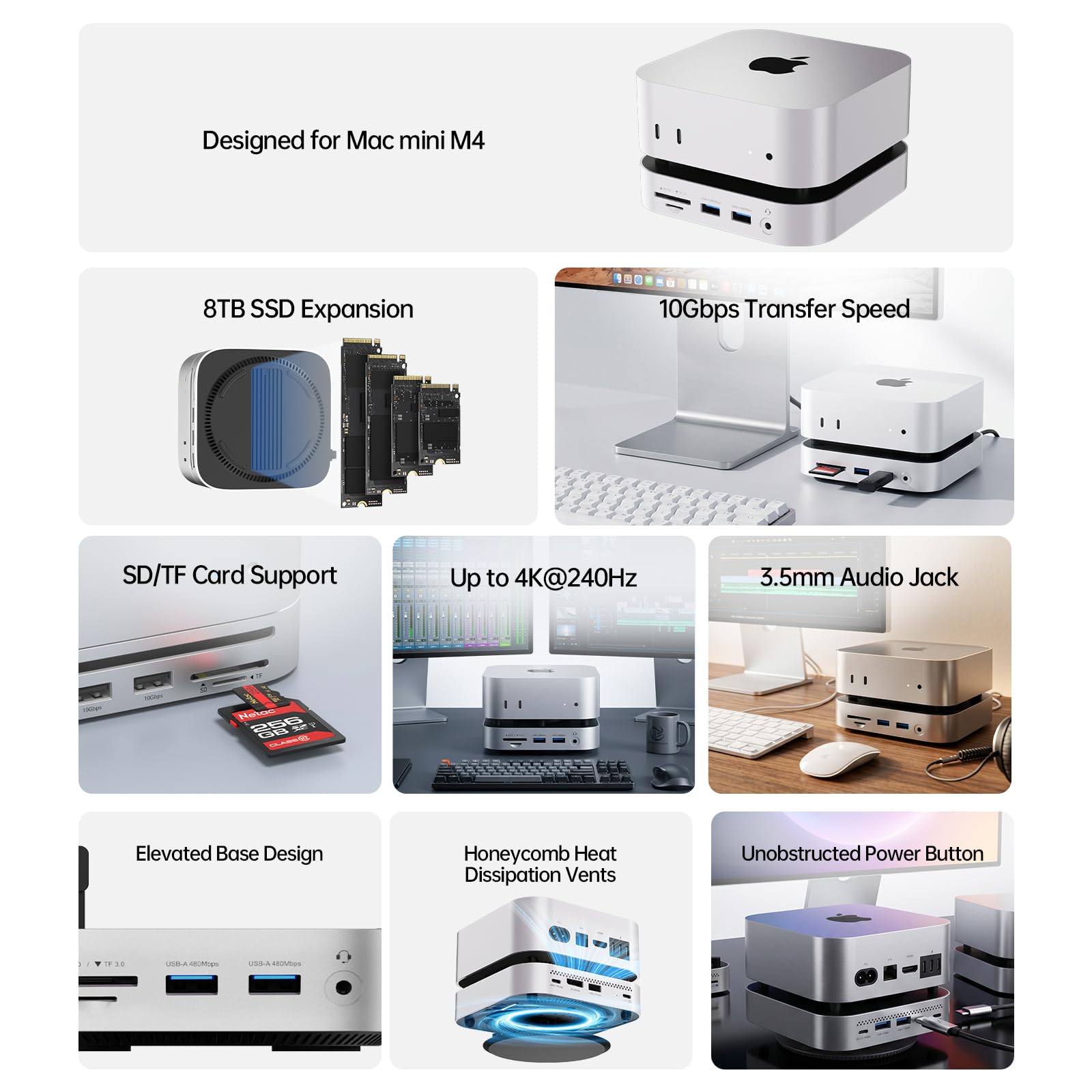 Netac Mac mini M4 Hub e supporto 9 in 1 con alloggiamento NVMe SSD da 10 Gbps (fino a 8 TB), dock con USB 3.2 x 2 e USB 2.0 x 2, porta 4K 240Hz DP 1.4 / audio 3,5 mm / audio 3,5 mm, SD/TF