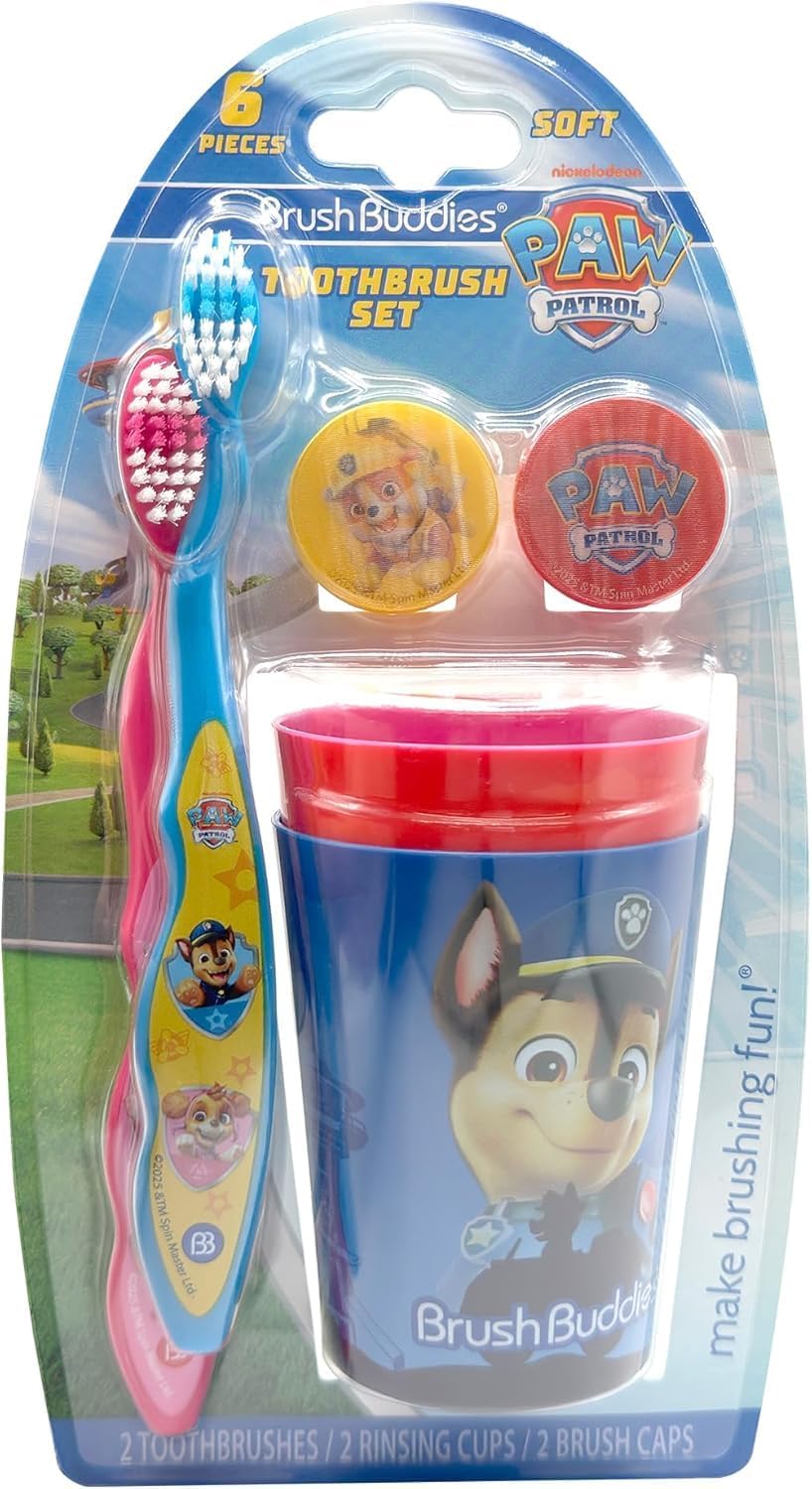 Brush Buddies Paw Patrol Manual Toothbrush and Cup Set for Kids Ages 2+ – Soft Bristles, Easy-Grip Handle, Fun Character Design, Toddler Oral Care Set for Boys and Girls