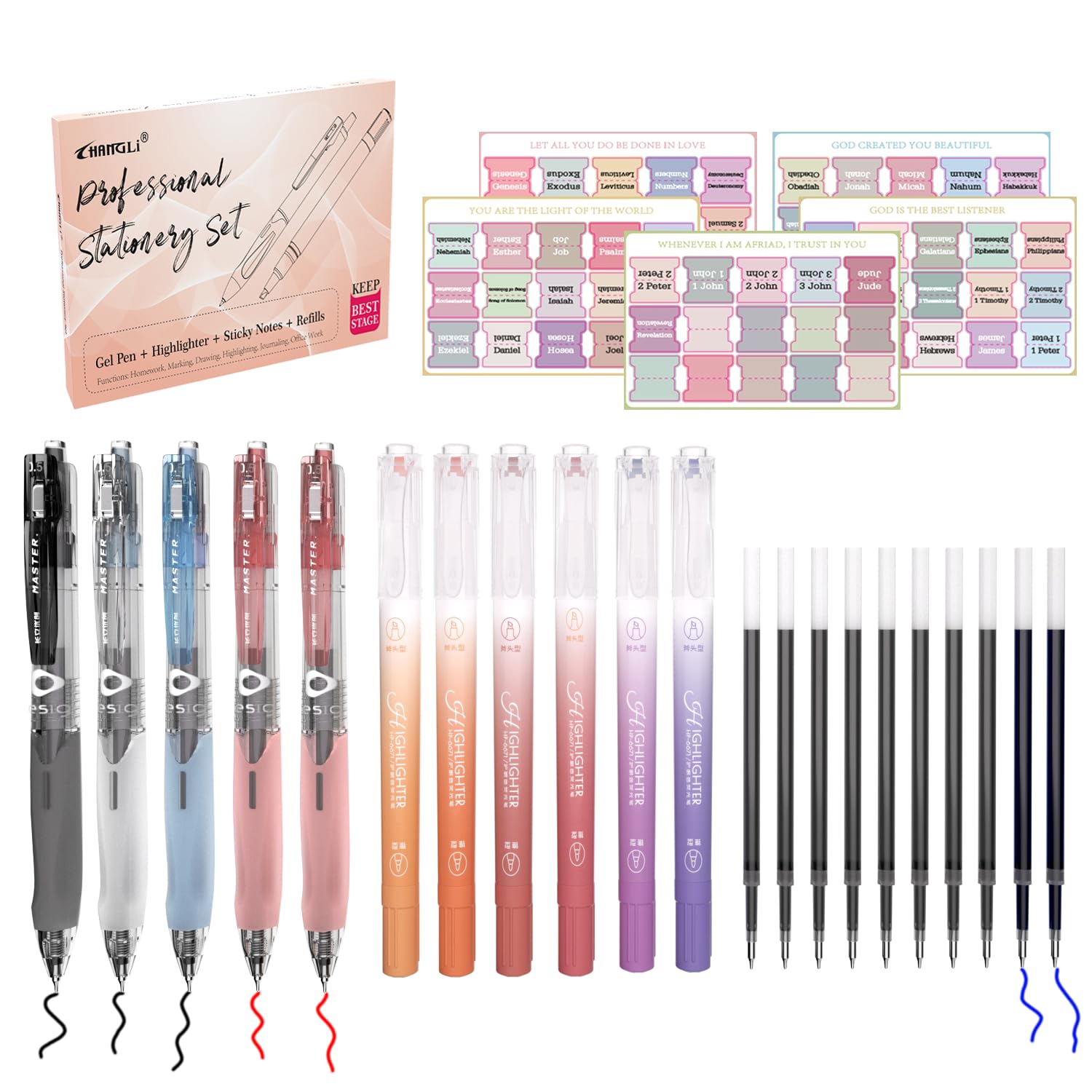 Gelstift-Set für Bibelstudium, mit Textmarkern in Rottönen, 10 Nachfüllungen, 75 Bibelindex-Tabs, kein Verlaufen, ergonomischer Griff, glattes Schreiben, perfektes christliches Geschenk für Tagebücher