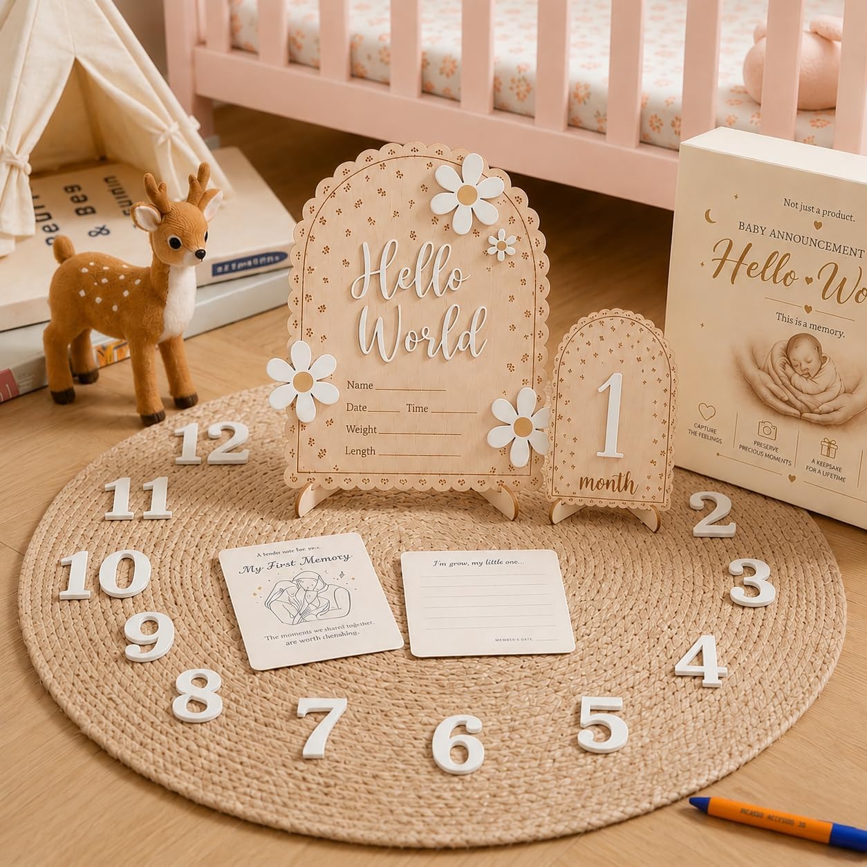 Baby Announcement Sign – Monthly Milestone Signs - Gift Registry By Name, 3D Wooden Baby Welcome Sign with Sweet Floral Accents, Monthly Milestone Numbers for Nursery Memories, Hospital Newborn Photos