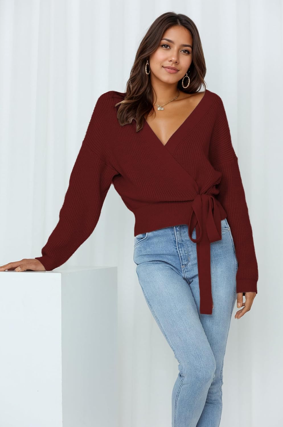 Womens Fall Sweaters 2026 Womens Casual V Neck Wrap Sweater Pullovers Lightweight Ribbed Drop Shoulder Knitted Warm Cozy Tops - Image 3