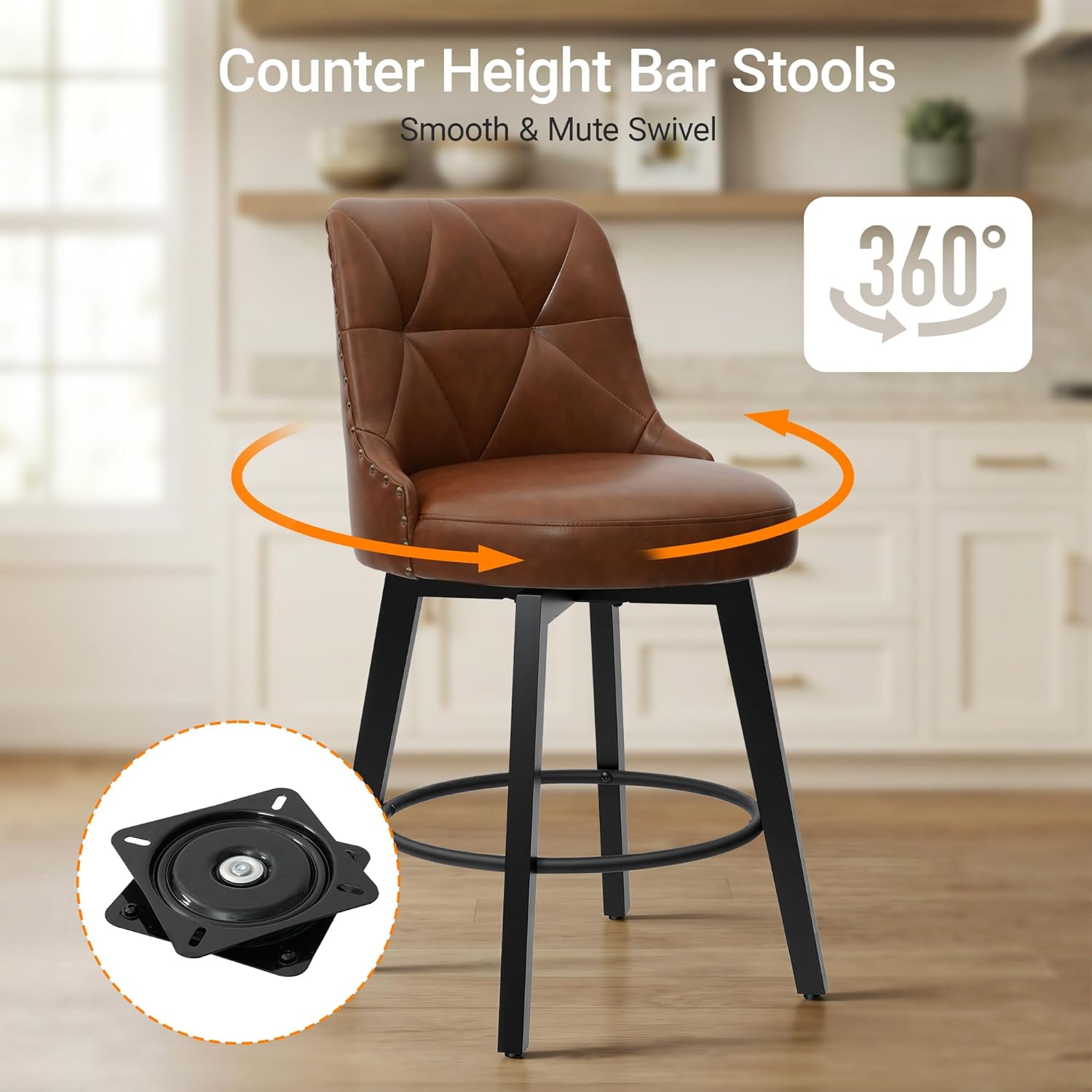 Polarisys Bar Stools with Back Set of 2, Stools for Kitchen Counter Height 35-42" Counter Height Bar Stool Chairs, Wood Leg Bar Chairs with Footrest for Bar, Pubs, Restaurants(Brown-Faux Leather)