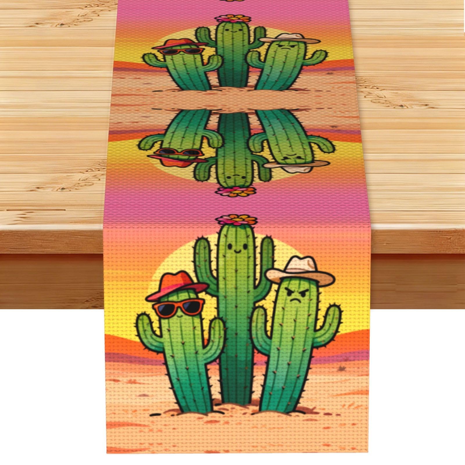 Cute cactus Linen Look Table Runner 13x72-Wrinkle Resistant Farmhouse Style for Dining Table Decor