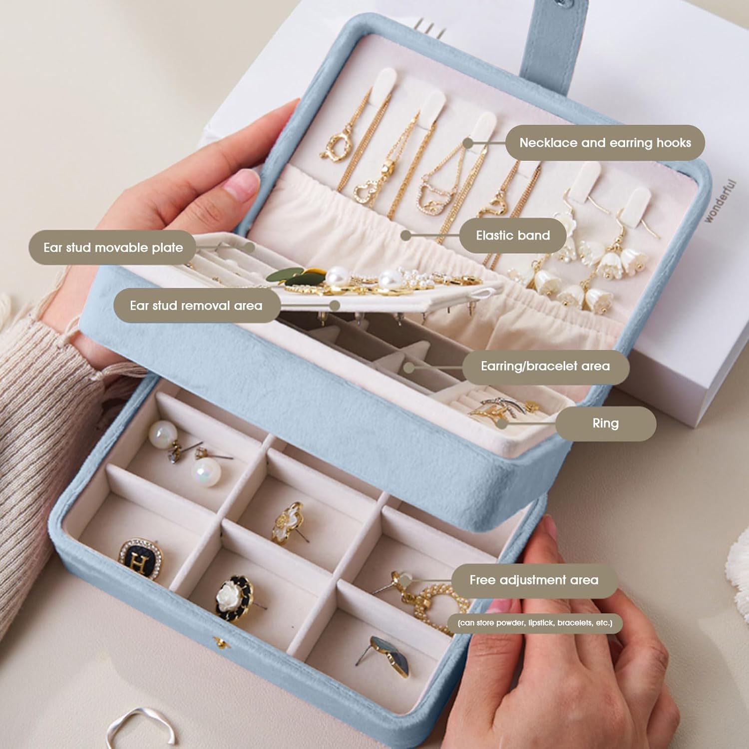 cjc 2 - Layer Jewelry Box for Women,Travel Jewelry Case Plush Velvet Jewelry Organizers Storage Ring Boxes Eardrop Holder for Necklaces Rings Earrings Bracelets, Best Gifts for Wife Women Mom (Gray)