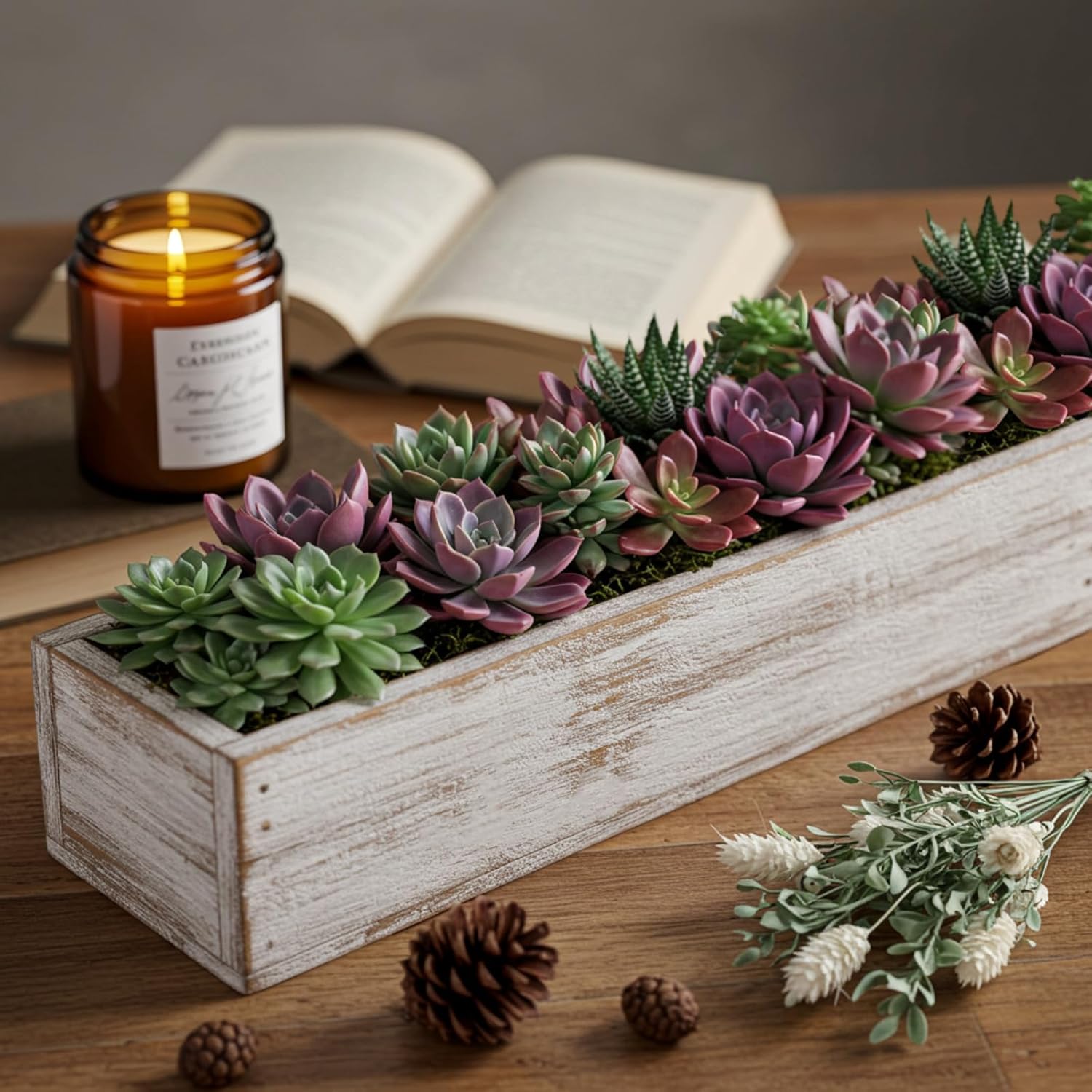 Dandat 4 Set Wood Boxes for Centerpieces 16x4 Inch Rectangle Wooden Planter Box Rustic Wooden Planters with Removable Plastic Liner Floral Foam Blocks for Christmas Wedding Home Garden Decor(White)