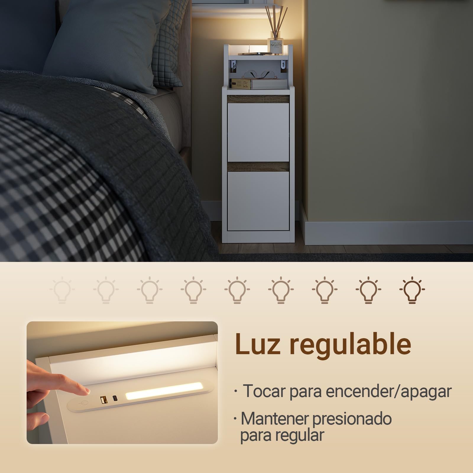 SoBuy mesita de Noche Estrecha con Carga y lámpara LED táctil, 22x34x60.5cm | 22cm Mesa auxiliar con USB & Type-C, barra LED regulable USB cable 1,8 m, zócalo y antivuelco, para dormitorio FBT178-E-WN