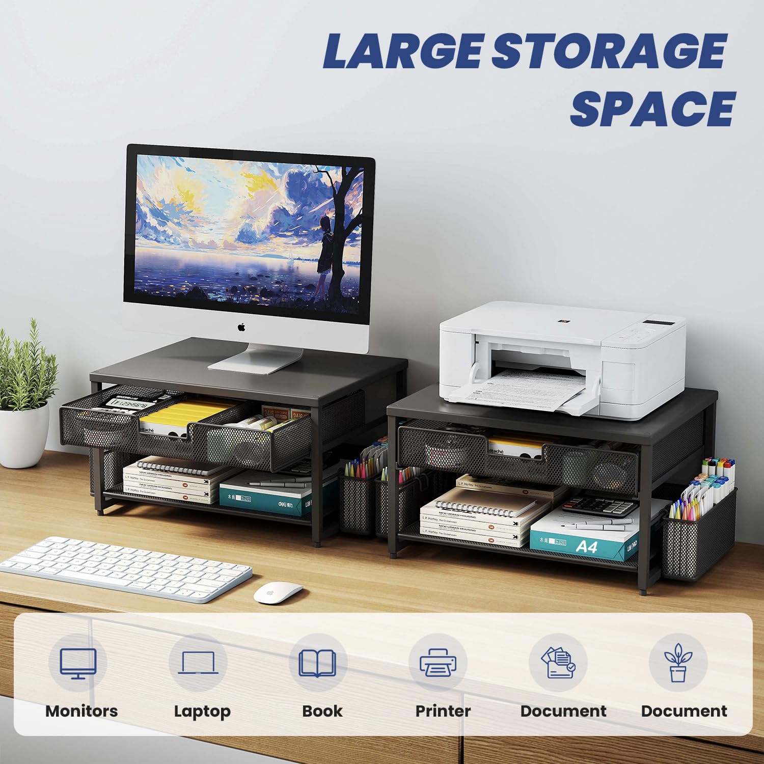Supporto da scrivania in metallo per stampante con cassetto portaoggetti e 2 portapenne, 2 ripiani per stampante desktop con porta carta, organizer multiuso da scrivania da ufficio, nero