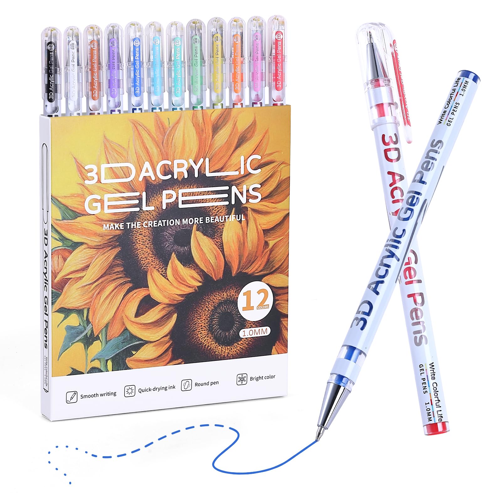 3D Acrylic Gel Pen,12 Colors Acrylic Paint Markers With 1mm Bullet Tip Point, Acrylic Paint Pens for Black Paper,Rock Painting, Glass, Wood, Fabric,Cards,Scrapbook,DIY Art Crafts