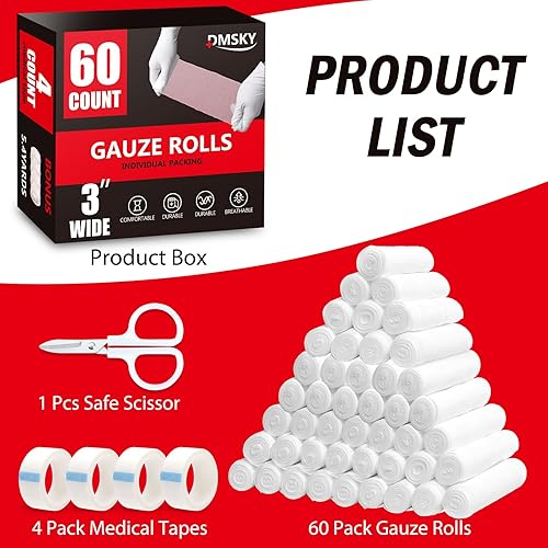 Miniatura 2 de Paquete de 60 rollos de gasa, 3 pulgadas x 4.1 yardas, gasa enrollada transpirable envuelta individualmente, suministros de primeros auxilios de
