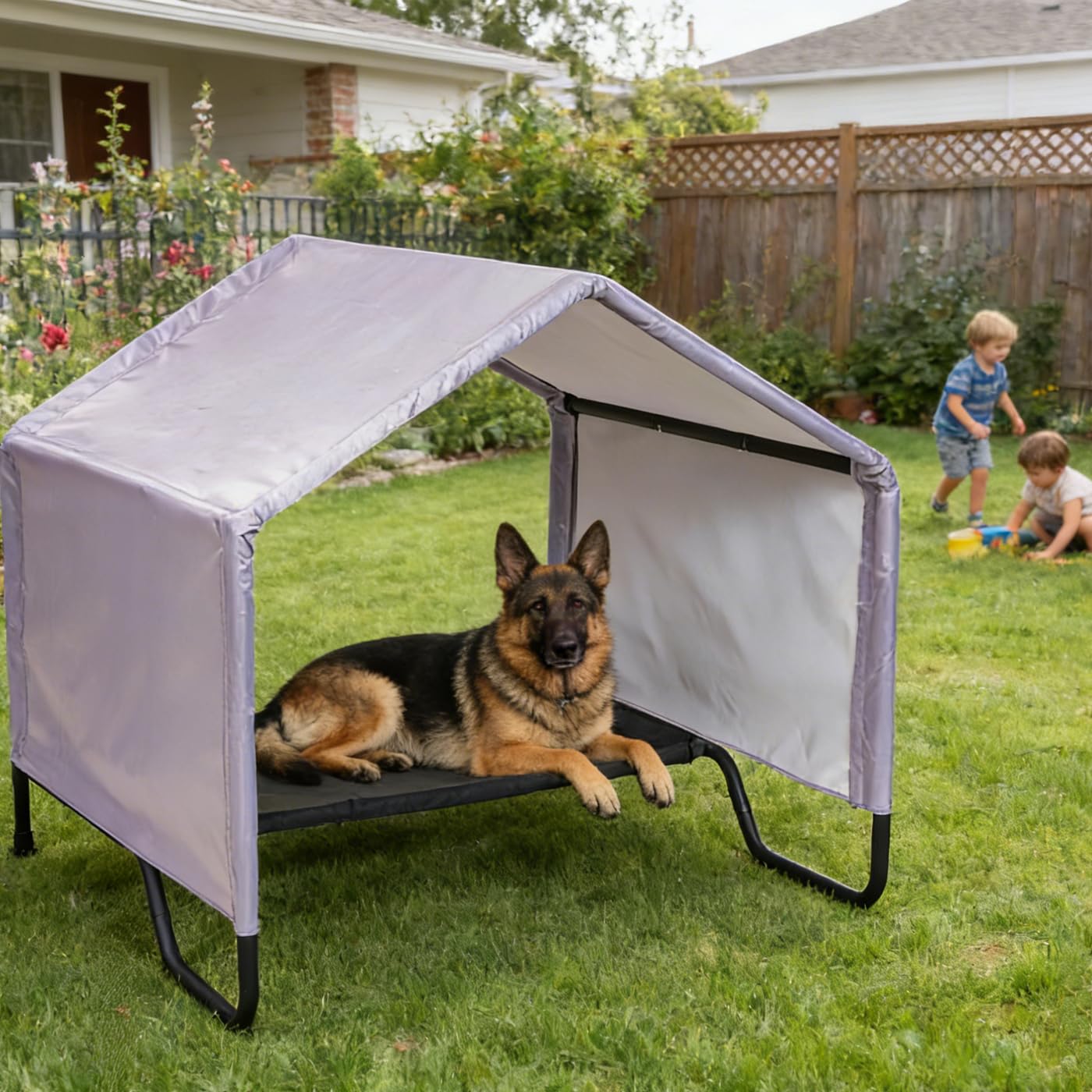 LitaiL 42" Large Dog Tent Shade Shelter with Elevated Bed, Outdoor Dog House Canopy, Weatherproof 1200D PVC Sun Rain Cover for Dogs, Cats, Pigs,