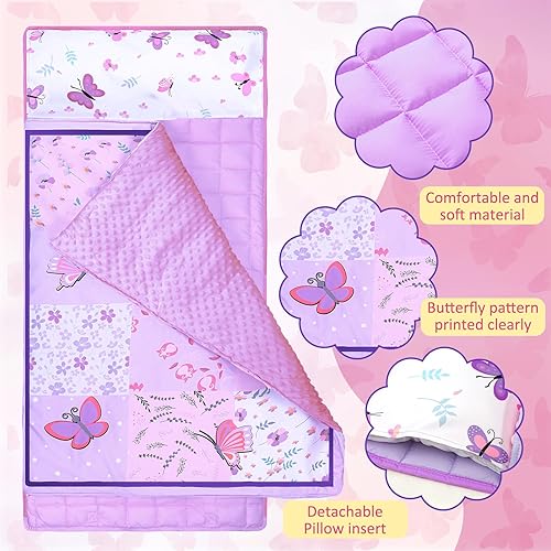 Miniatura 3 de Tapete para siesta para niños pequeños con almohada para niños, saco de dormir rosa, tapete para siesta para guardería, guardería, 55.1 x 22.8