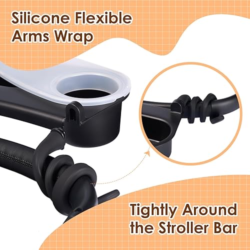 Miniatura 8 de Bandeja universal mejorada para refrigerios para cochecito compatible con Nuna Uppababy Bugaboo, bandeja portavasos, con brazos de silicona, barra