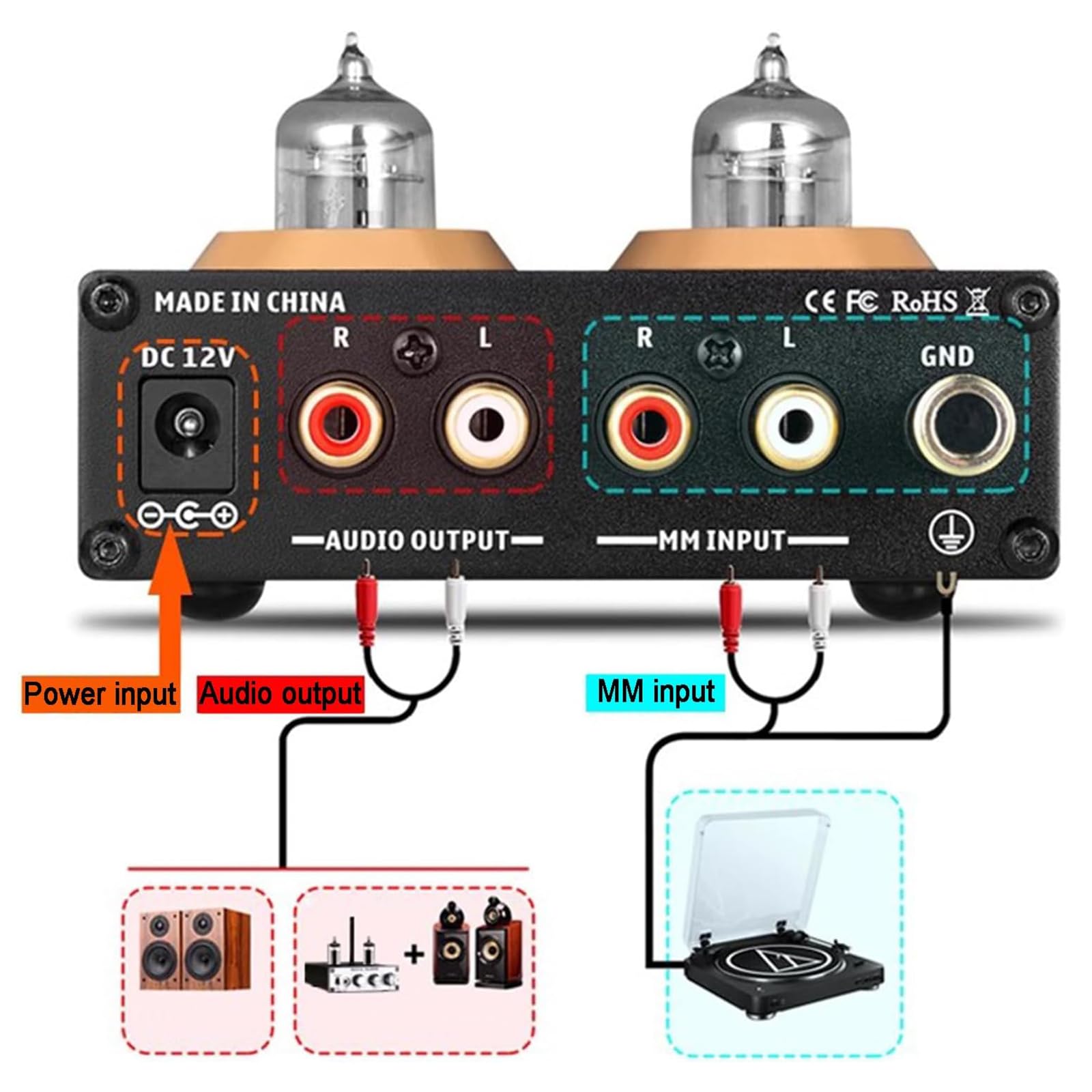 MObyat Mini Preamplificador Hi-Fi, Preamplificador De Fono con Tubo De Vacío, Tubos Reemplazables/Entrada Auxiliar De 3,5 Mm/Interruptor Entre 3 Modos: 39, 42 O 45 DB, para Tocadiscos