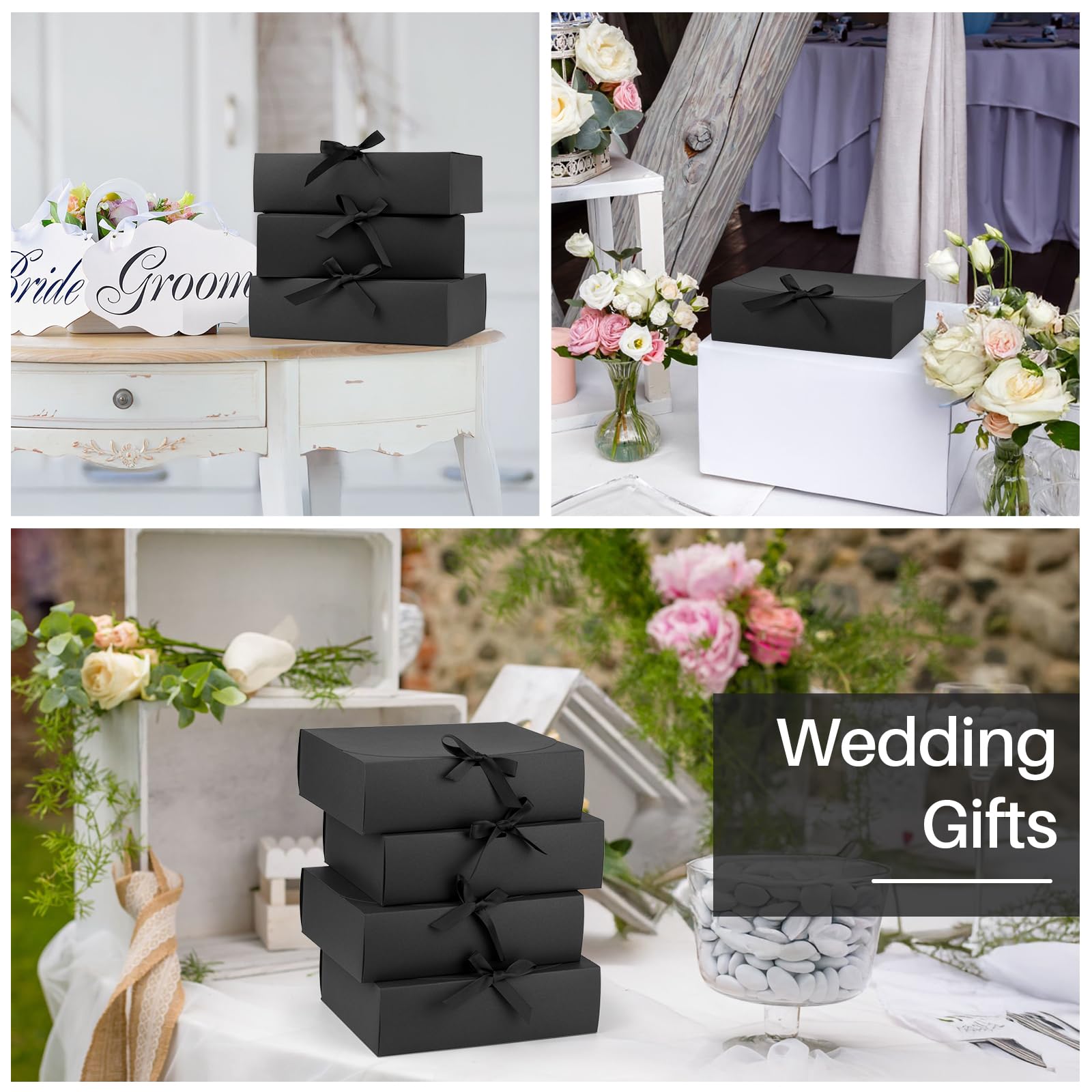 Confezione da 24 scatole regalo con coperchio, 26 x 20 x 8 cm, scatole regalo di lusso nere con nastro, per matrimoni, imballaggi, regali, compleanni (nero)