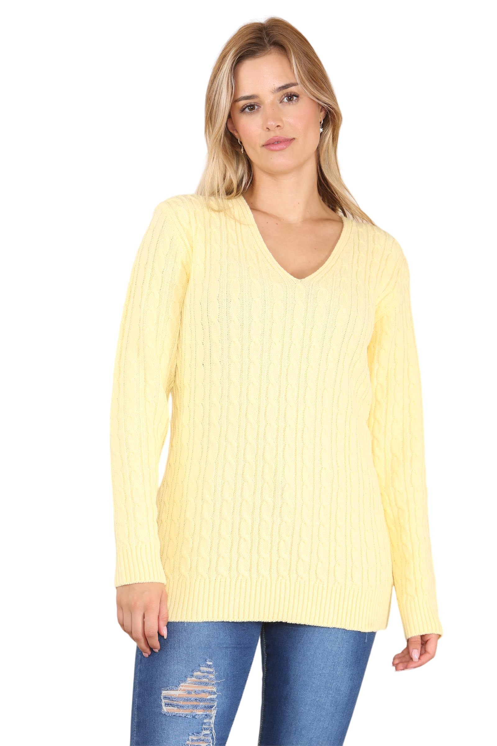 Wearall Women's Yellow Plus Cable Knitted Long Sleeve V-Neck Sweater Top Stretch Jumper - 20-22