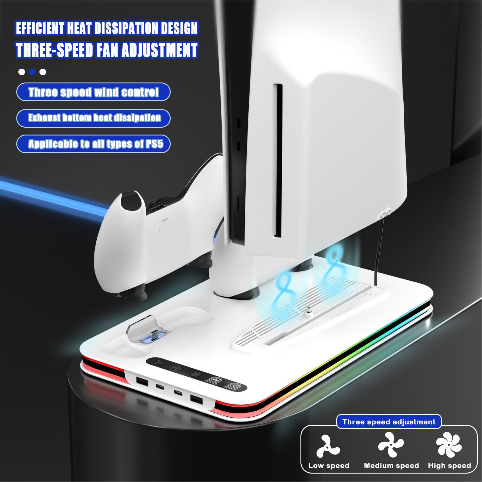 Luocute Stazione di Raffreddamento per Console di Gioco, Supporto di Ricarica Verticale con Ventola Regolabile a 3 Livelli e Luce RGB, Docking Station USB Tipo C Multifunzionale