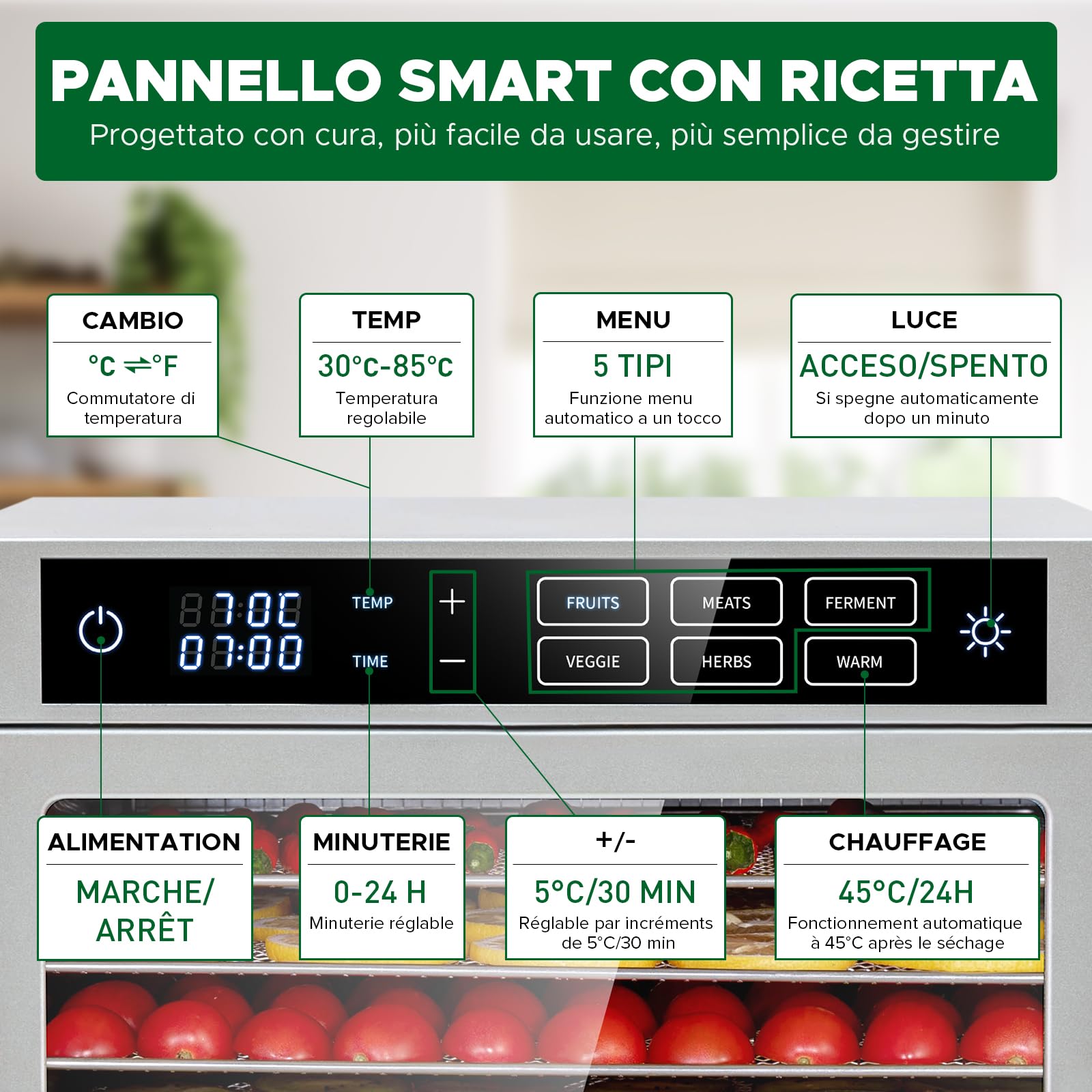 Kwasyo Deshidratador de Alimentos Acero Inoxidable 12 Bandejas, 6 Funciones Preestablecidas, Deshidratador de 800W, 6 Tapetes de Silicona, 2 Tarros, 2 Bandejas para Rollos de Frutas, Receta Incluida