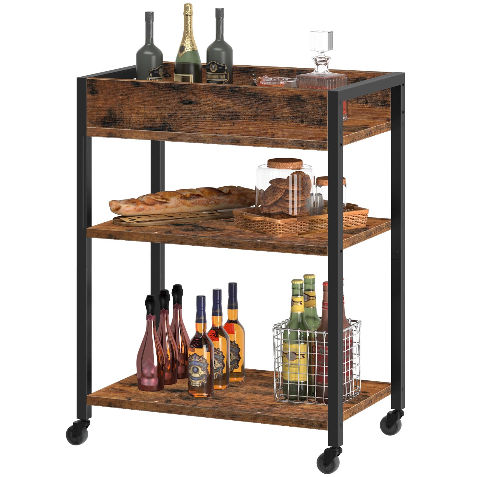 HOOBRO Carro de Servicio de 3 Niveles, Carrito con Barandilla, Carro de Cocina, Estantería de Comedor y Bar, 64 x 40 x 85 cm, para Restaurante, Salón, Bar, Marrón Rústico y Negro EBF64TC01
