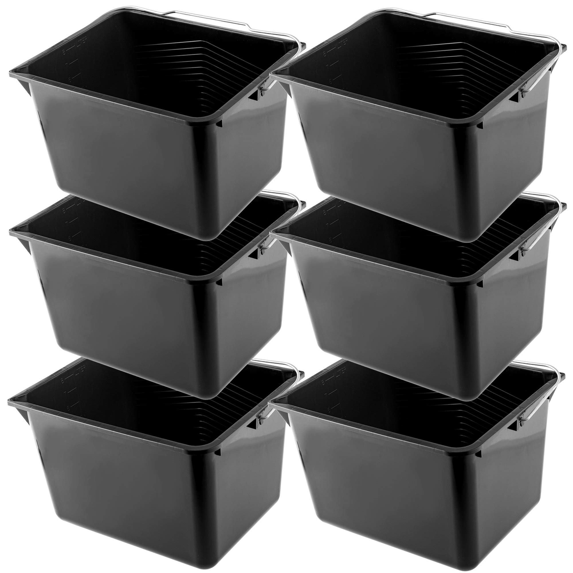 KADAX Lot de 6 seaux de peinture carrés en plastique avec poignée en métal - Seau d'eau robuste avec bord verseur - Pour rénovation, jardin, nettoyage - Rectangulaire, léger - 8 l - Noir