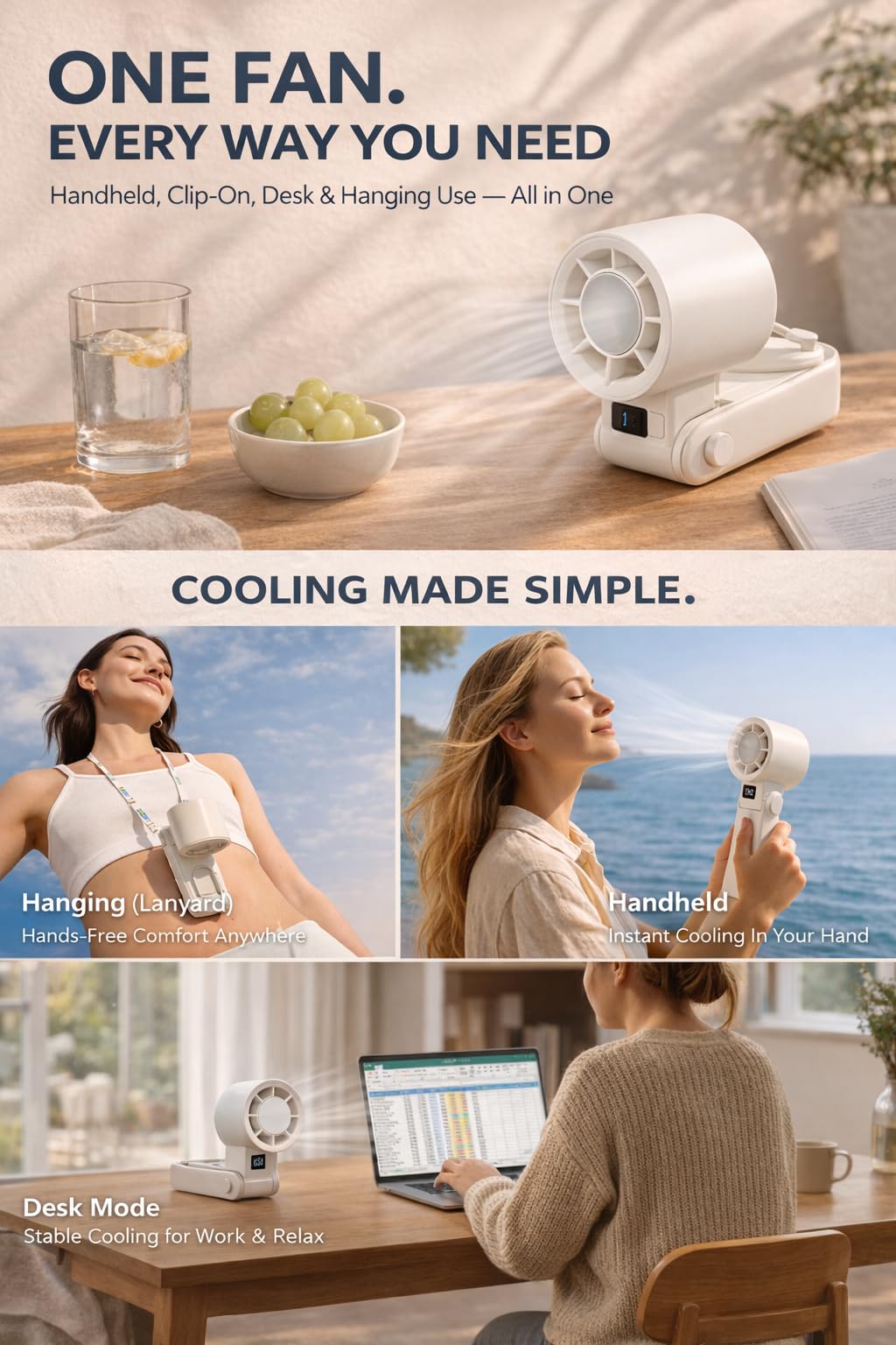 Ventilatore portatile portatile con piastra di raffreddamento, controllo continuo a 199 velocità, ventilatore pieghevole 3 in 1 per palmare/desktop/collo, potente ventilatore personale per viaggi