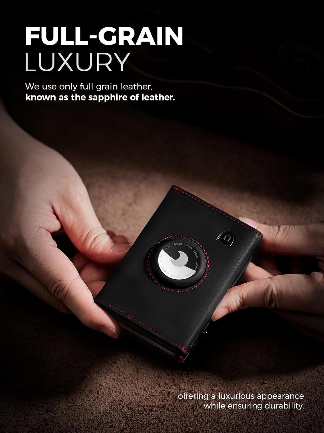 LORZOR AirTag Wallet - Full Grain Leather, Mens Minimalist Wallet with Apple Air Tag Holder, Slim Smart Pop up Card Case, ID Window, RFID Blocking, Front Pocket (AirTag Not Included) - Image 2