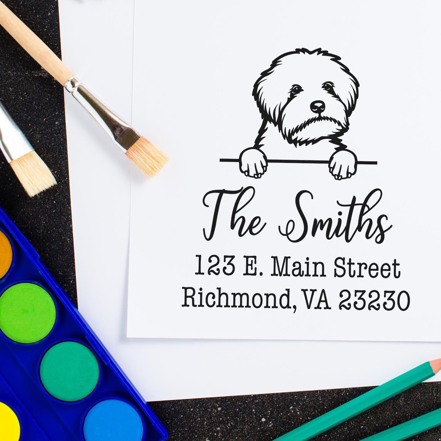 Self-Inking Maltipoo Peekaboo Custom Address Stamp, Maltipoo Address Stamp, Available in 11 Ink Colors, Personalized, Size 1-5/8" Square
