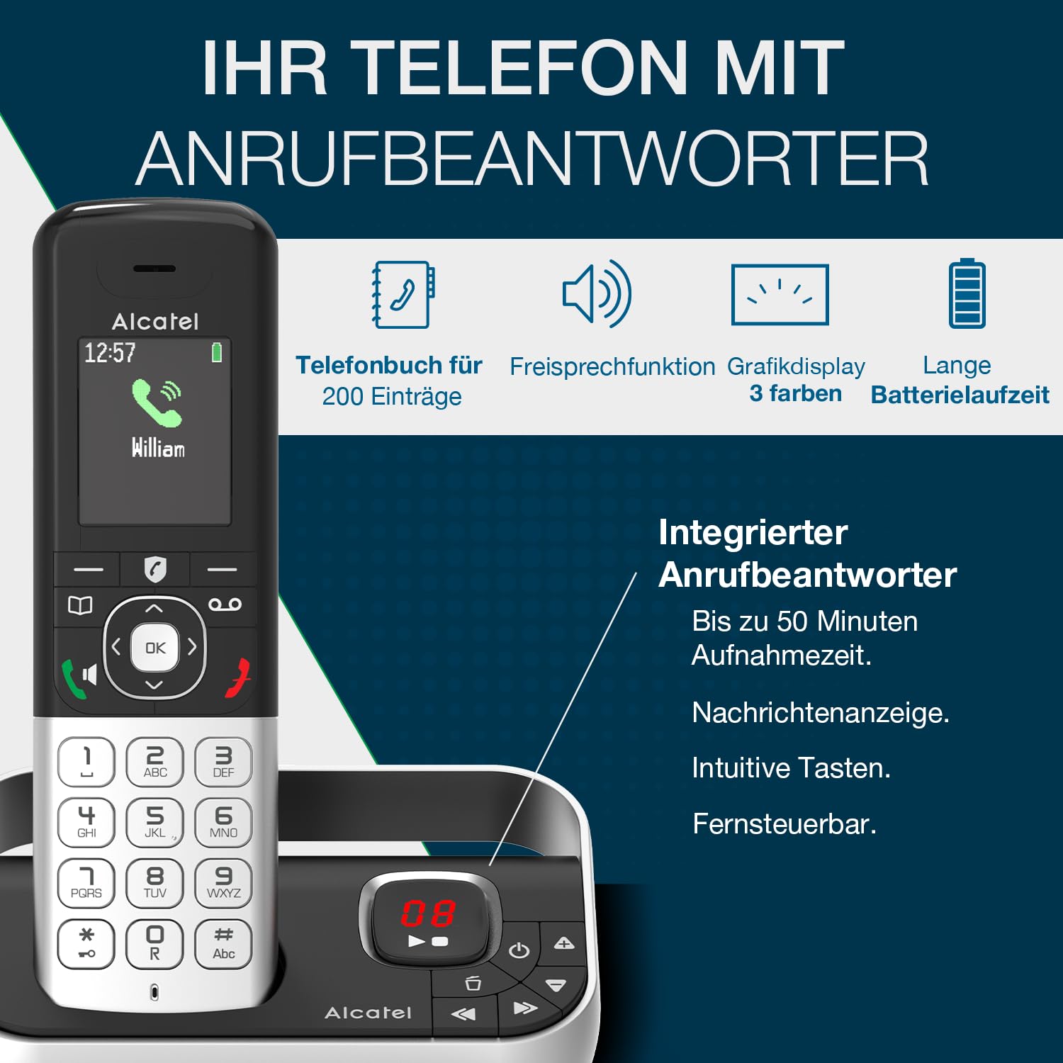 ALCATEL FX990 Voice Duo - Schnurloses DECT-Telefon mit Anrufbeantworter 50 Min. - Hochauflösendes Farbdisplay - Freisprechfunktion - Anrufsperre - VIP-Klingelton - 2 Mobilteile - Schwarz/Grau