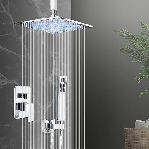 Miniatura 8 de Cabezal de ducha LED de 12 pulgadas con cabezal de ducha de mano de latón, juego de grifos de ducha de lujo, juego completo de ducha combinado de