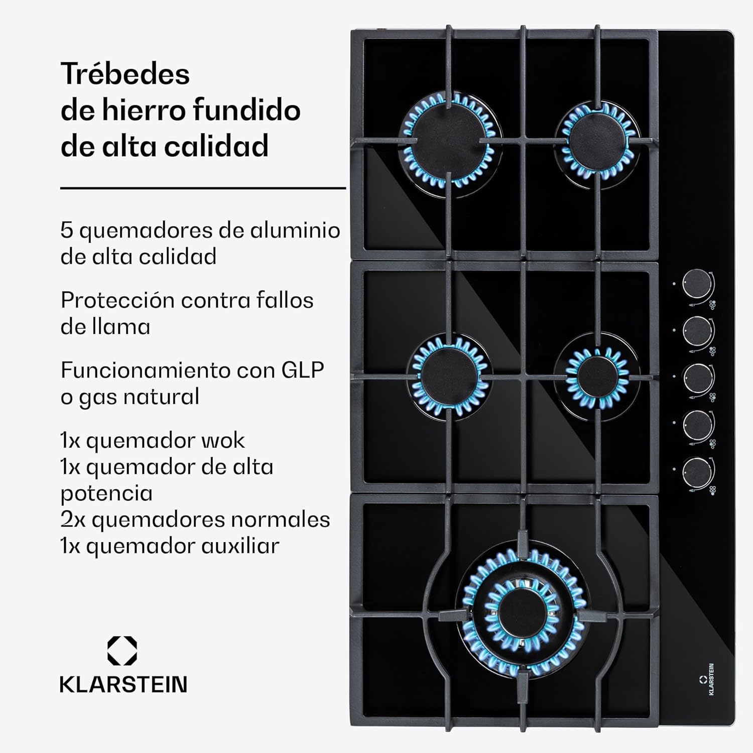Klarstein 5 Burner Gas Hob/Hob/Gas Cooker, Built-in Cooking Table with 5 Burners, 11100W, Stainless Steel, LPG Cookers