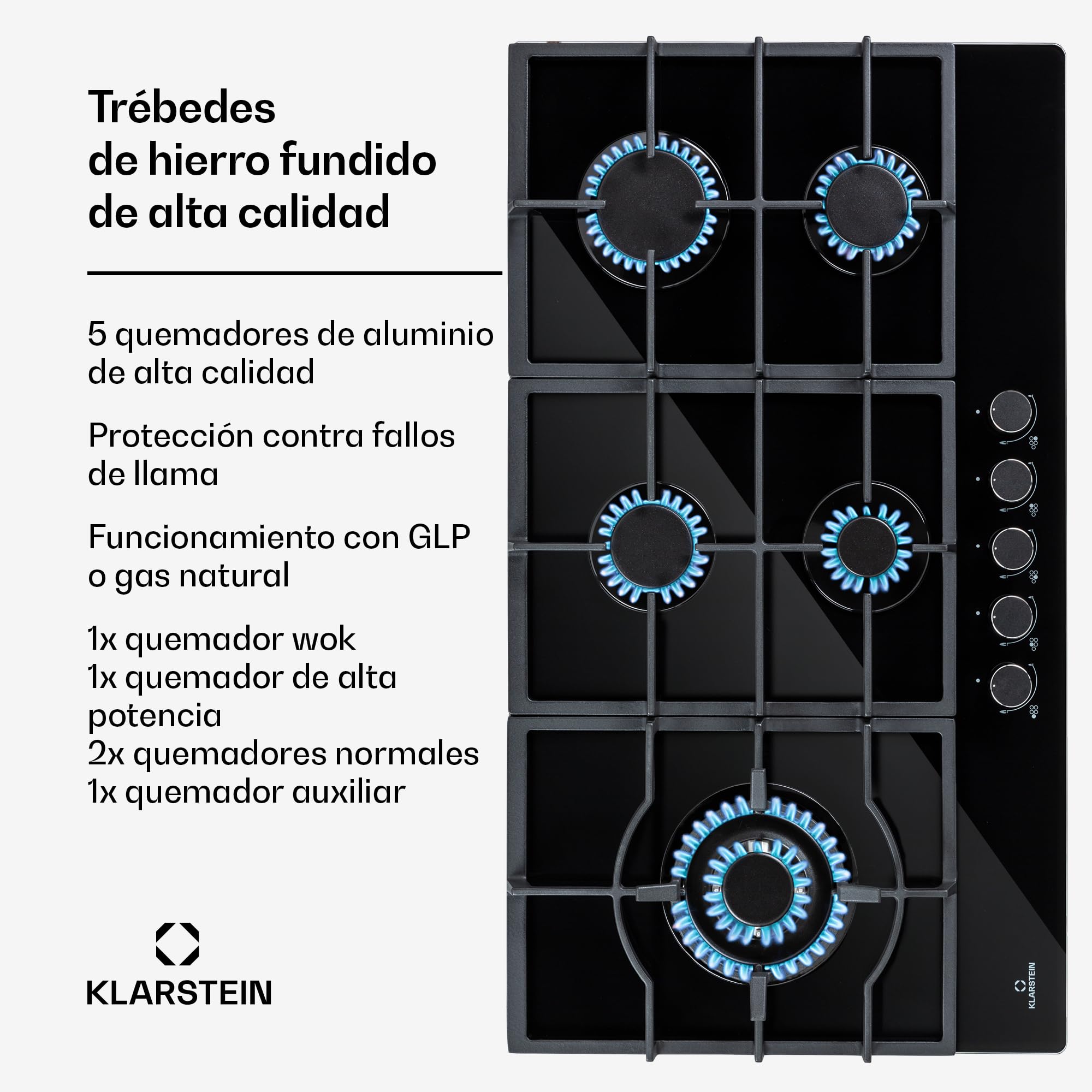 Klarstein Cocina de Gas Butano, 5 Fuegos Placa de Gas para Encimera Cocina, Potencia de 11100W, Placa Butano Integrada Acero y Cristal Cerámico, Fogones para Cocinas, Encimera de 5 Anillos GPL
