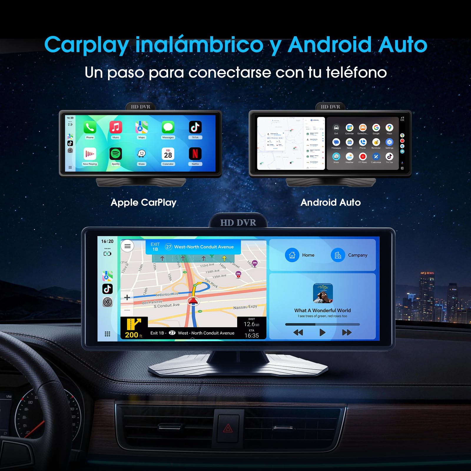 Haudio Pantalla CarPlay 10.26 Pulgadas Inalámbrica para Apple CarPlay y Android Auto, Estéreo Portátil con 2K DVR & 1080P Trasera Cámaras, Control Voz, Radio AUX/FM y TF 64G para Todos los Coches