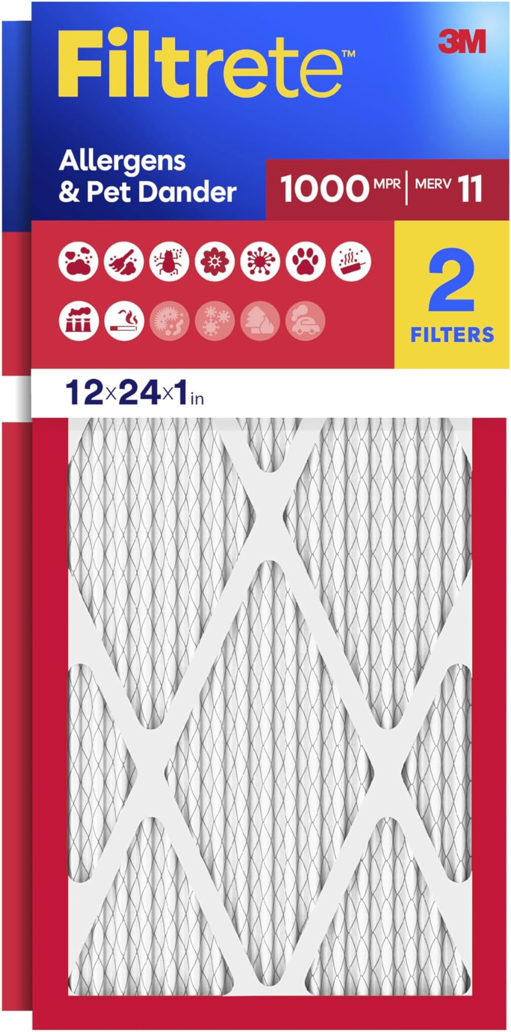 Filtrete 12x24x1 Air Filter, MERV 11, MPR 1000, Allergens & Pet Dander, 3-Month AC and Furnace Filters, Cleaner Air, Reliable Airflow, 2 HVAC Filters (Actual Size 11.68 x 23.68 x 0.81 in)