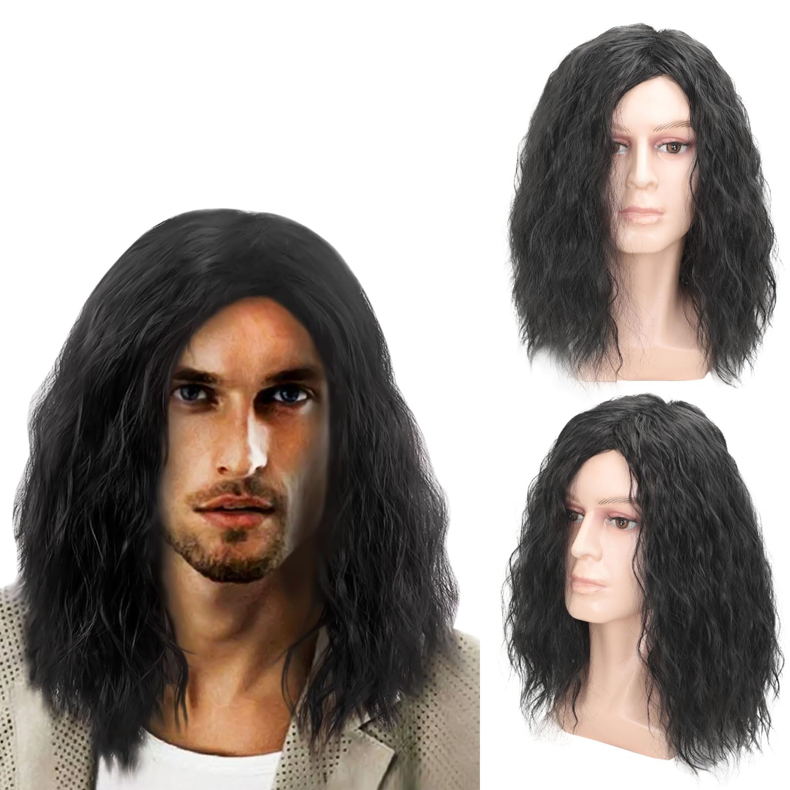 Mens Black Wig Mid Length Curly Hair, Mens Wig for Adult, 16 Inch/40 cm Pop Rocking Dude Wigs for Men, Handsome Men Cosplay Wigs for 70s 80s Fancy Dress Daily Costume Party Halloween (Black)