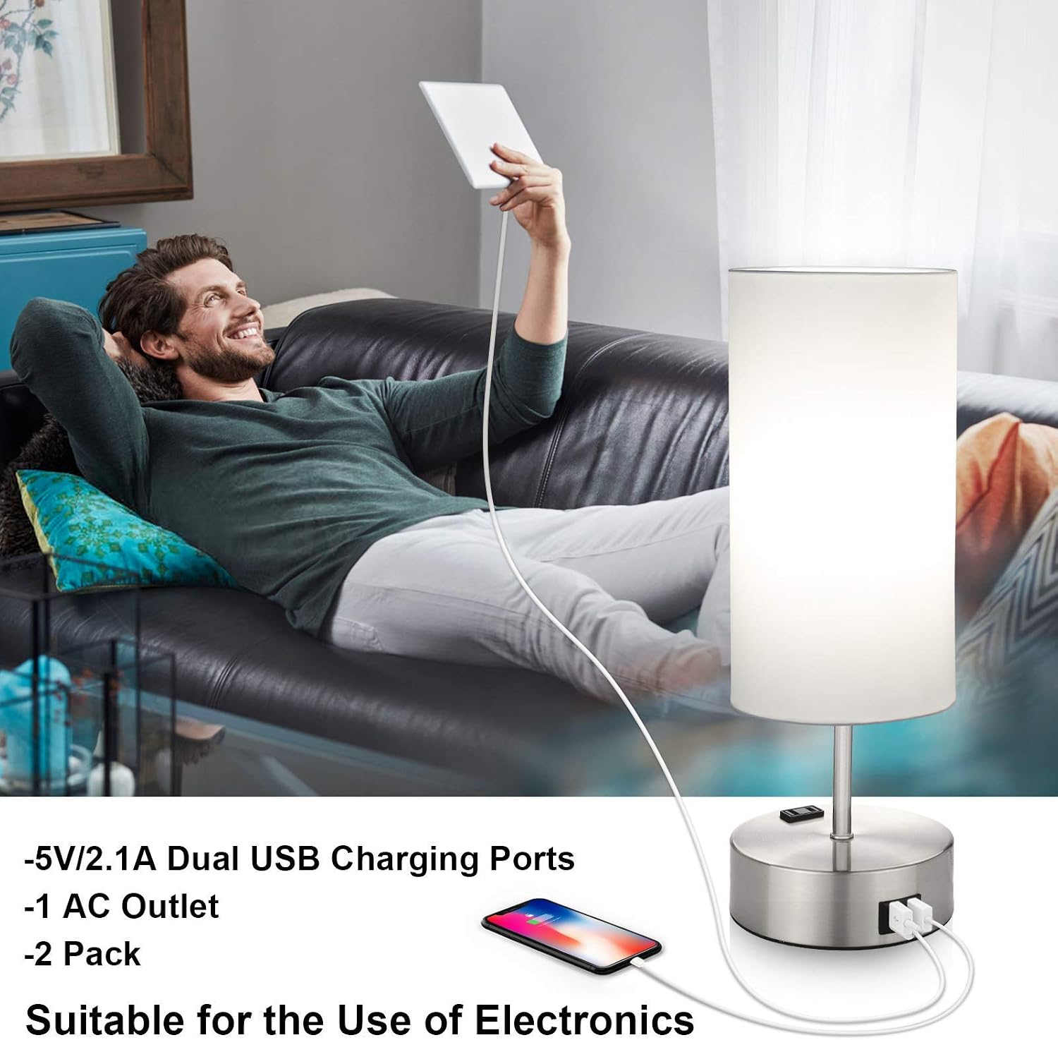 Set of 2 Touch Control Table Lamp with 2 USB Ports&AC Outlet, 3 Way Dimmable Modern Nightstand Lamp Sets, Bedside Touch Desk Lamp with White Shade for Bedroom Living Room, 4000K LED Bulbs Included