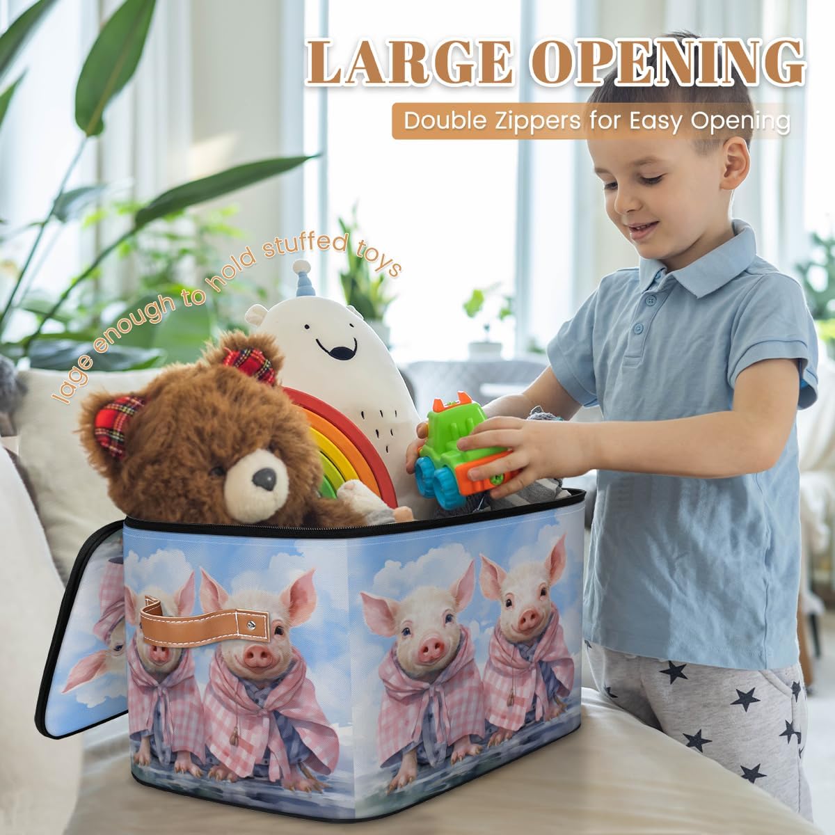 Storage Bin Set of 2 Cute Pigs Storage Basket with Zipper Lid & Handle Foldable Closet Shelf 2 Pack Cloth Organizer Basket Cube Bins Clothes Organizer for Bedroom, Nursery