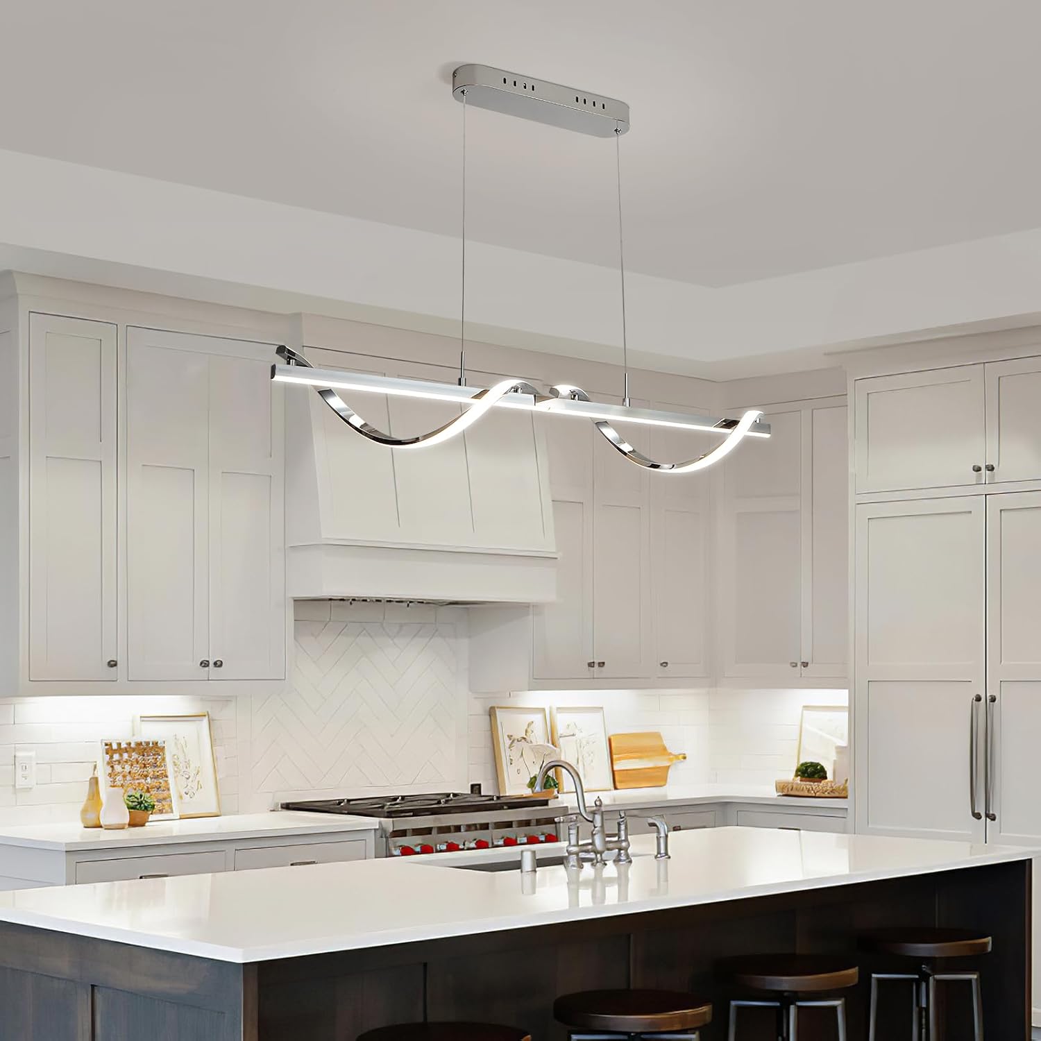 40 Inch Kitchen Island Light, Dimmable Linear Pendant Ceiling Fixture, Chrome LED Chandelier with Remote Control, Adjustable Height Modern Lamp for Dining Table