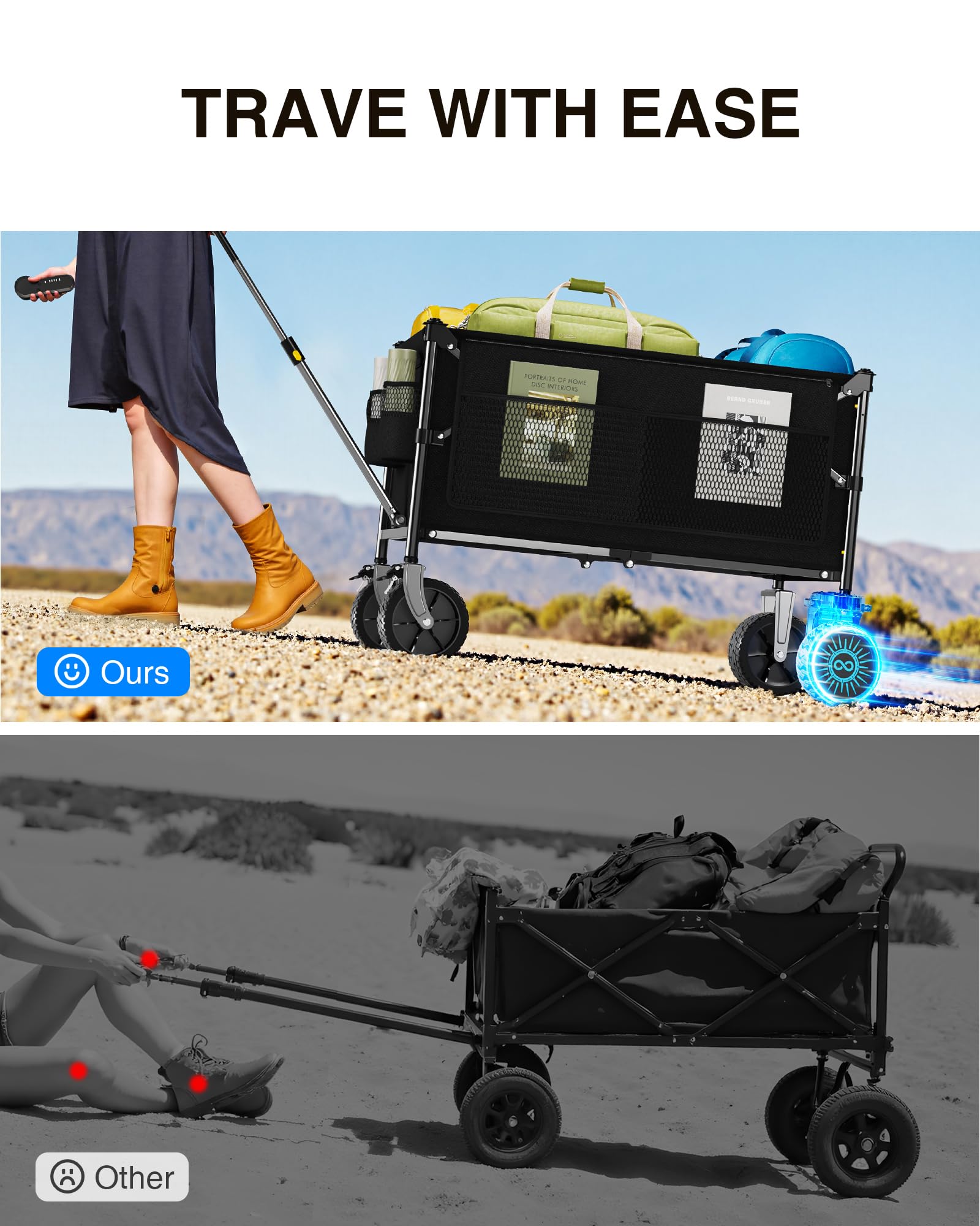 Everyfun Carro eléctrico utilitario de carga de 330 libras, carro de playa plegable de 180 L con control remoto, 4 velocidades, ruedas todo terreno para camping, playa, jardín y compras
