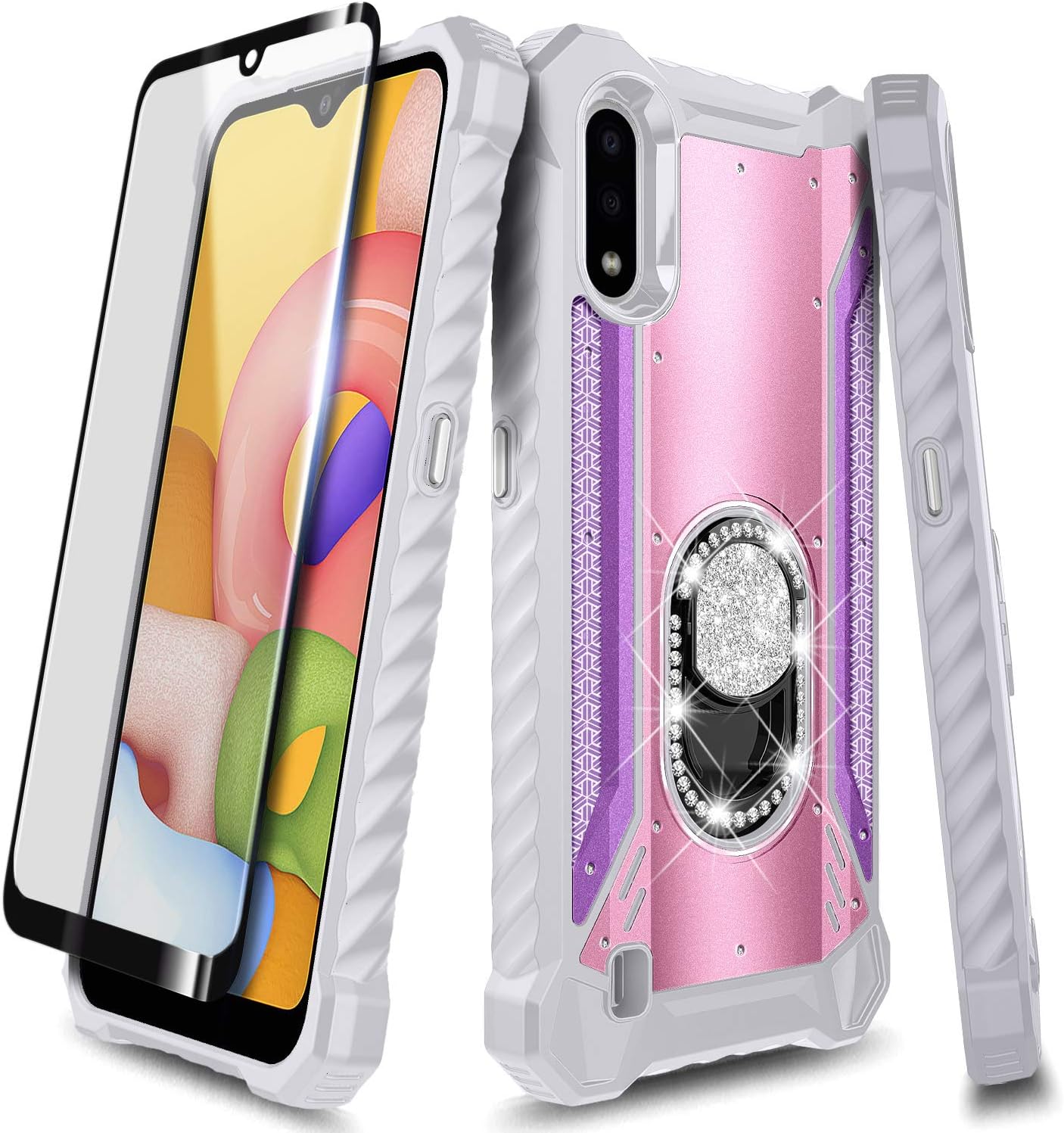 E-Began Case Compatible for Samsung Galaxy A01 with Tempered Glass Screen Protector (Full Coverage), Magnetic Metal Built-in Diamond Ring Holder, Full-Body Protective Military Case -Pink/Purple