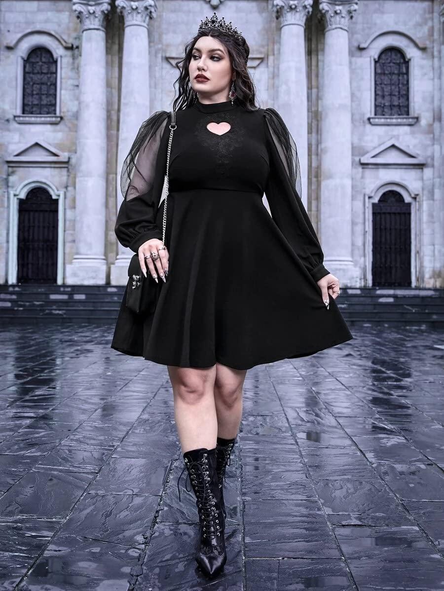 LANSHULAN Gothic Plus Size Keyhole Neckline Puff Sleeve Gothic Dress: 3X-Large Plus Keyhole Neckline