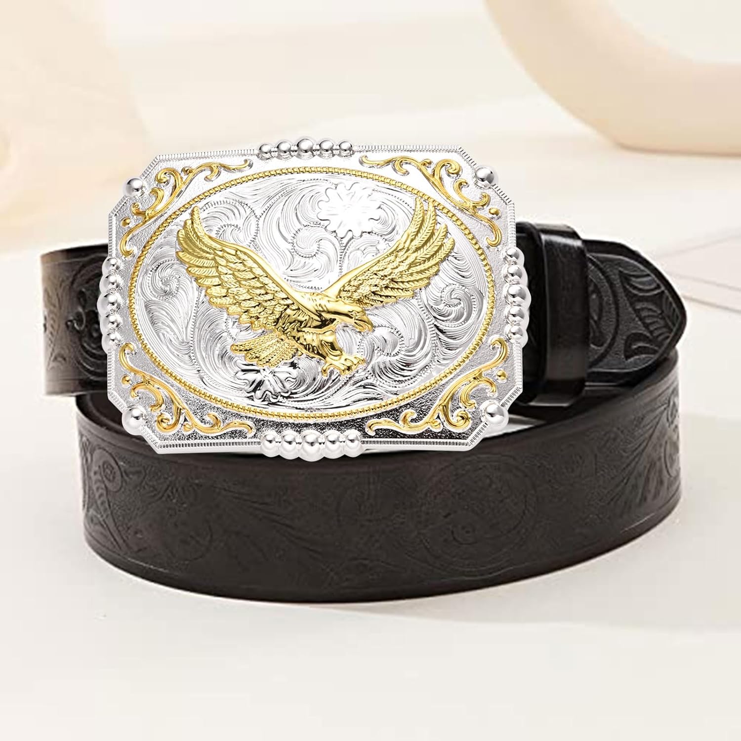 Vintage Belt Buckles for Men, Golden Soaring Eagle Bull Large Western Belt Buckle for Halloween Christmas