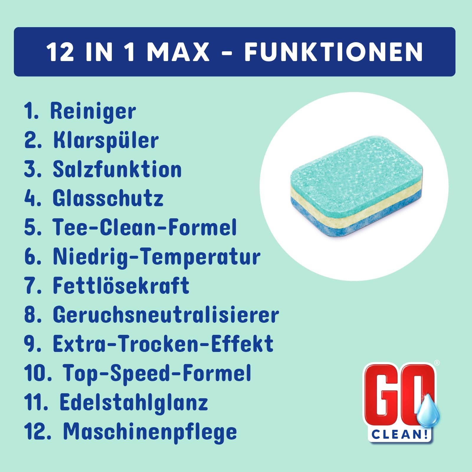 GO clean! Spülmaschinentabs Multi 12-in-1 MAX POWER– 10 kg ca. 500 Stück, 20g, XXL-Sparpaket in Aufreißfolie mit starker Reinigungskraft gegen Schmutz und Fett