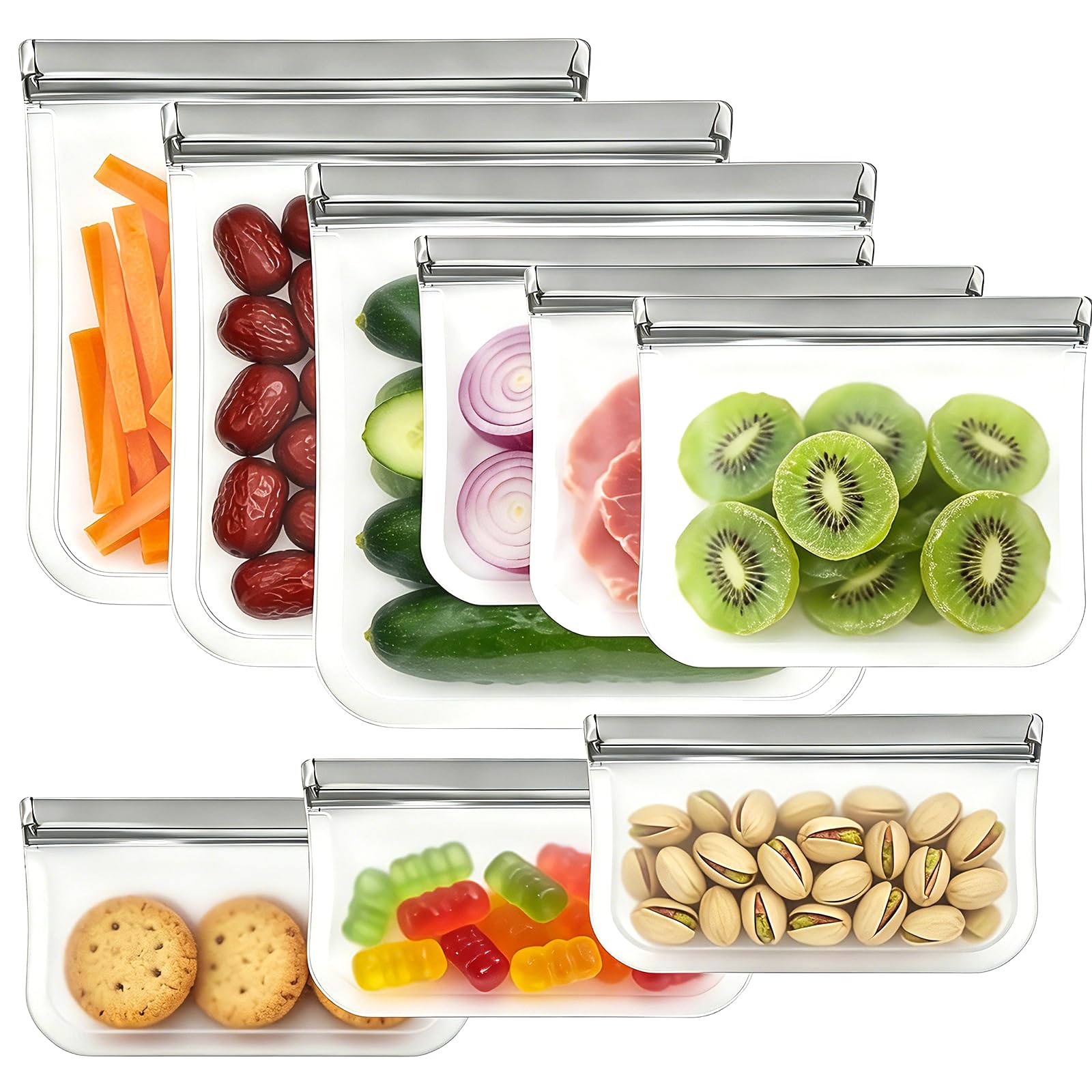 9 Pack Reusable Silicone Food Storage Bags - Freezer &amp; Dishwasher Safe Leakproof Reusable Bags, Freezer Storage Bags Sets - 3 Gallon 3 Snack 3 Sandwich Bags