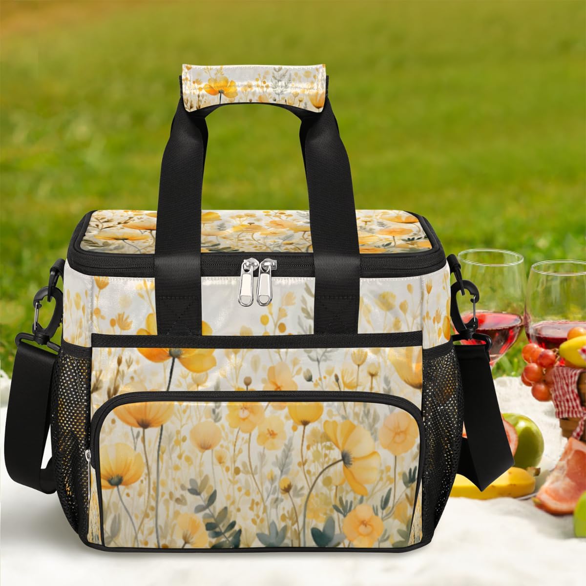 Floral Insulated Picnic Backpack Lunch Box for Women Men Picnic Basket Tote Lunch Bag Picnic Bag Portable Lunch Bags for Picnic, Beach, Work, Trip,Office, Camp Flowers Yellow